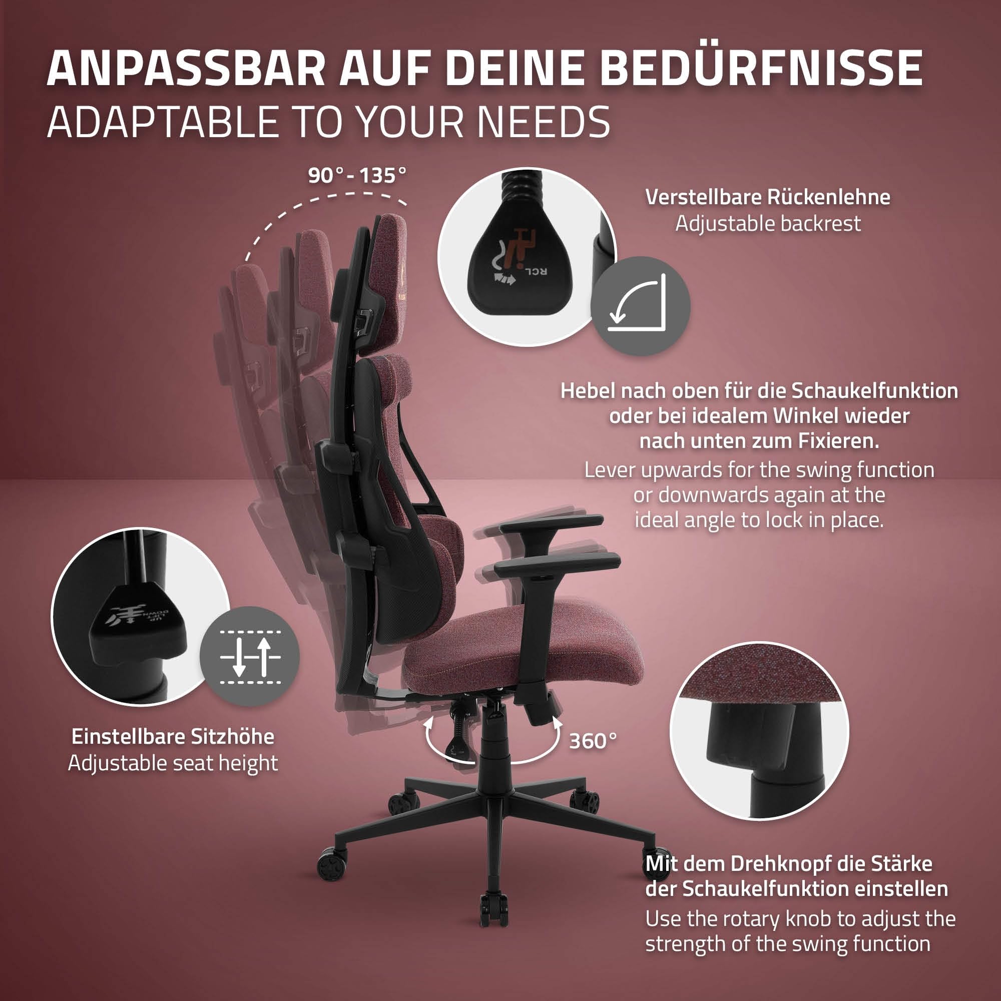 ML-Design Chaise de Gaming Ergonomique en Tissu Rouge, Accoudoirs 3D Réglables, Appui-Tête, Soutien Lombaire, Dossier Ajustable, Fauteuil Gamer Confortable pour Ordinateur, Mobilier Bureau Home Office