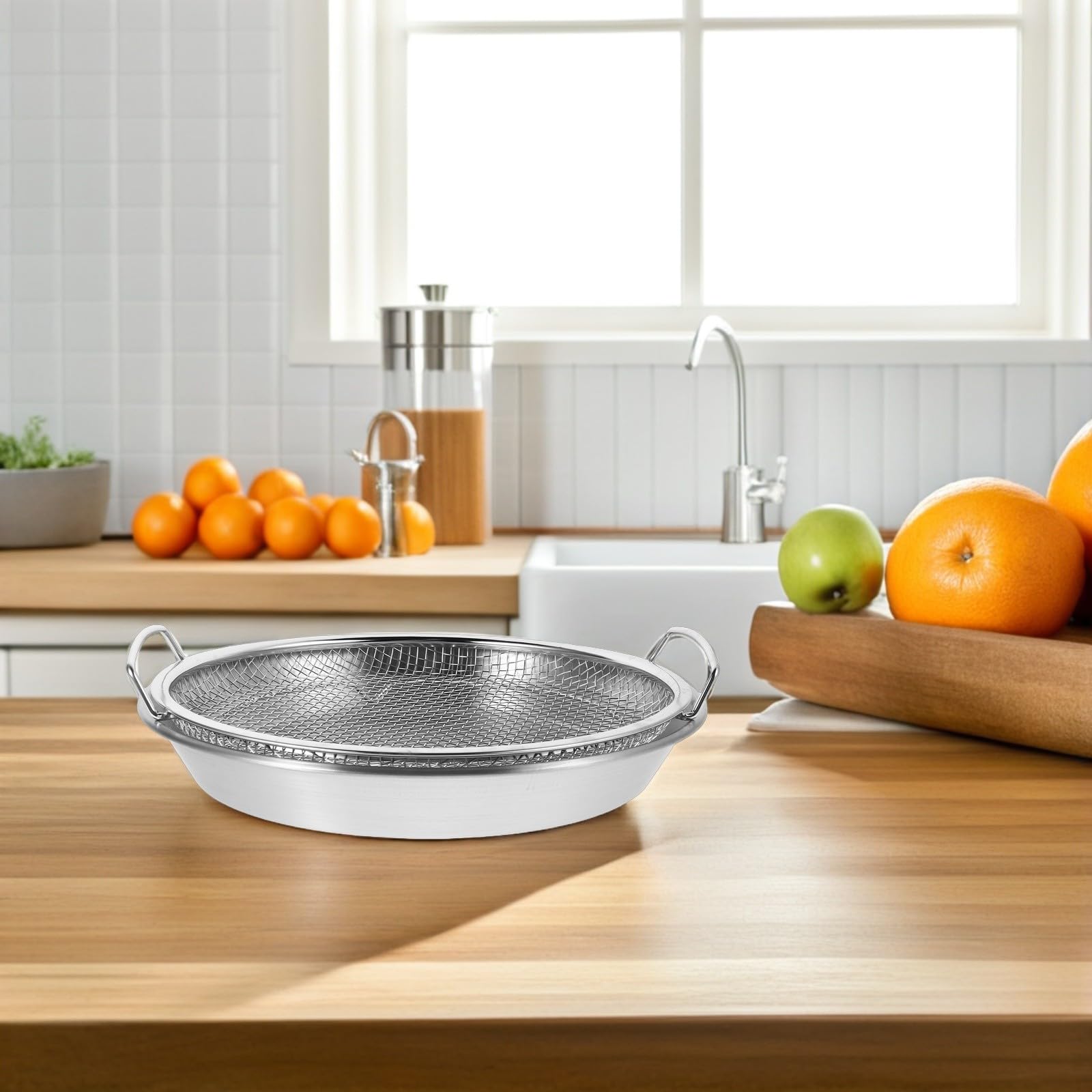 Filtro per Olio in Acciaio Cestello in Rete e Vaschetta di Raccolta, Colino da Cucina per Friggitrice e Preparazione di Alimenti Freschi