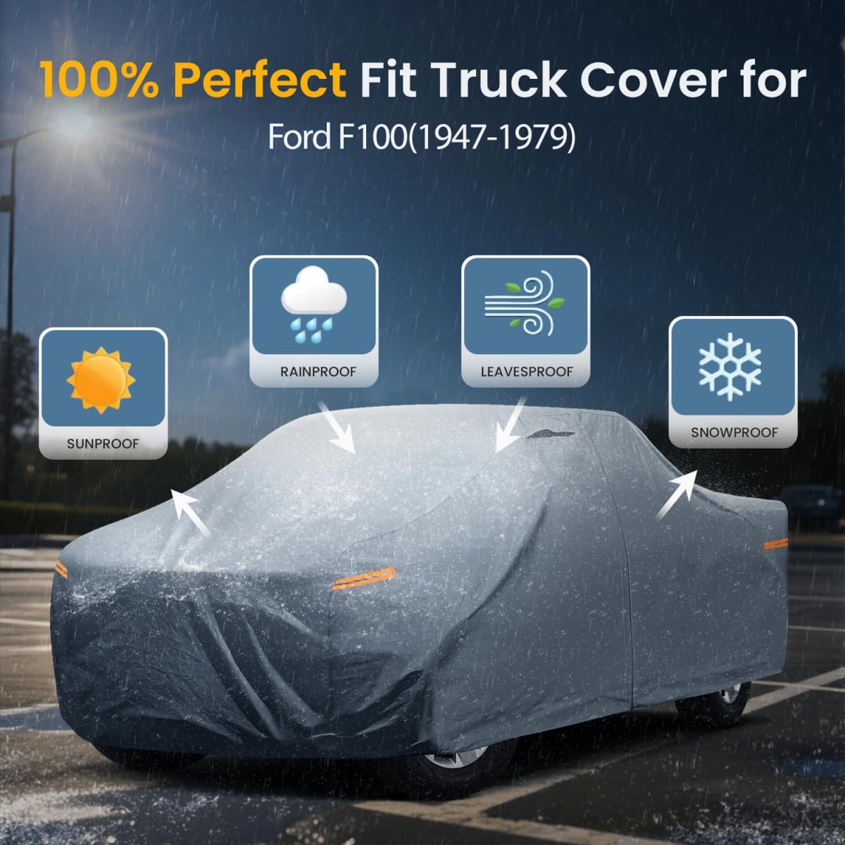 Ford F-100 Truck Cover Custom Fit 1953-1983 Regular/Extended/Crew Cab Short Bed(6.4'-8.5') with Door Zipper, 10 Layers Outdoor Pickup Truck Cover Waterproof All Weather, Wind Dust Sun Protector.