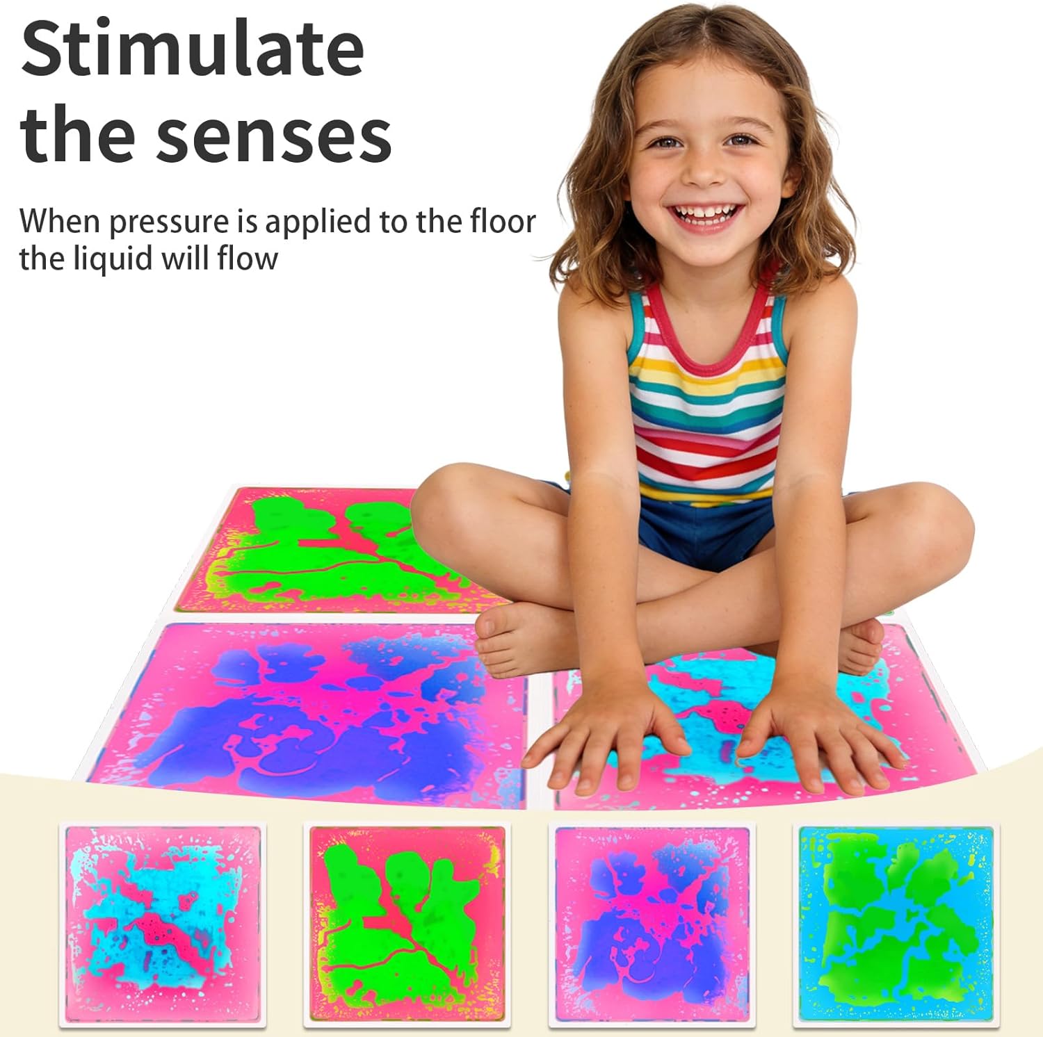 Sensory Liquid Floor Tiles for Kids: Liquid Fusion Activity Mat 4 Pack with One-Piece Glue-Free Sealing - Autism Toddler Must Haves Educational Sensory Water Play Mats Indoor（12x12inch）