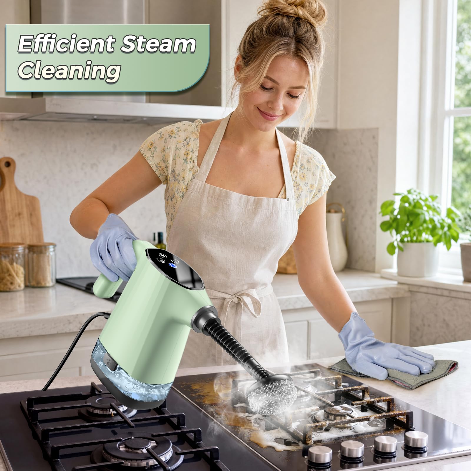 Condition photo showing As Is for handheld steam cleaner, portable steamer for cleaning with 18pcs accessories, 12s fast heating, pressurized steam cleaner for home, kitchen, bathroom, car detailing, window, and clothes, green
