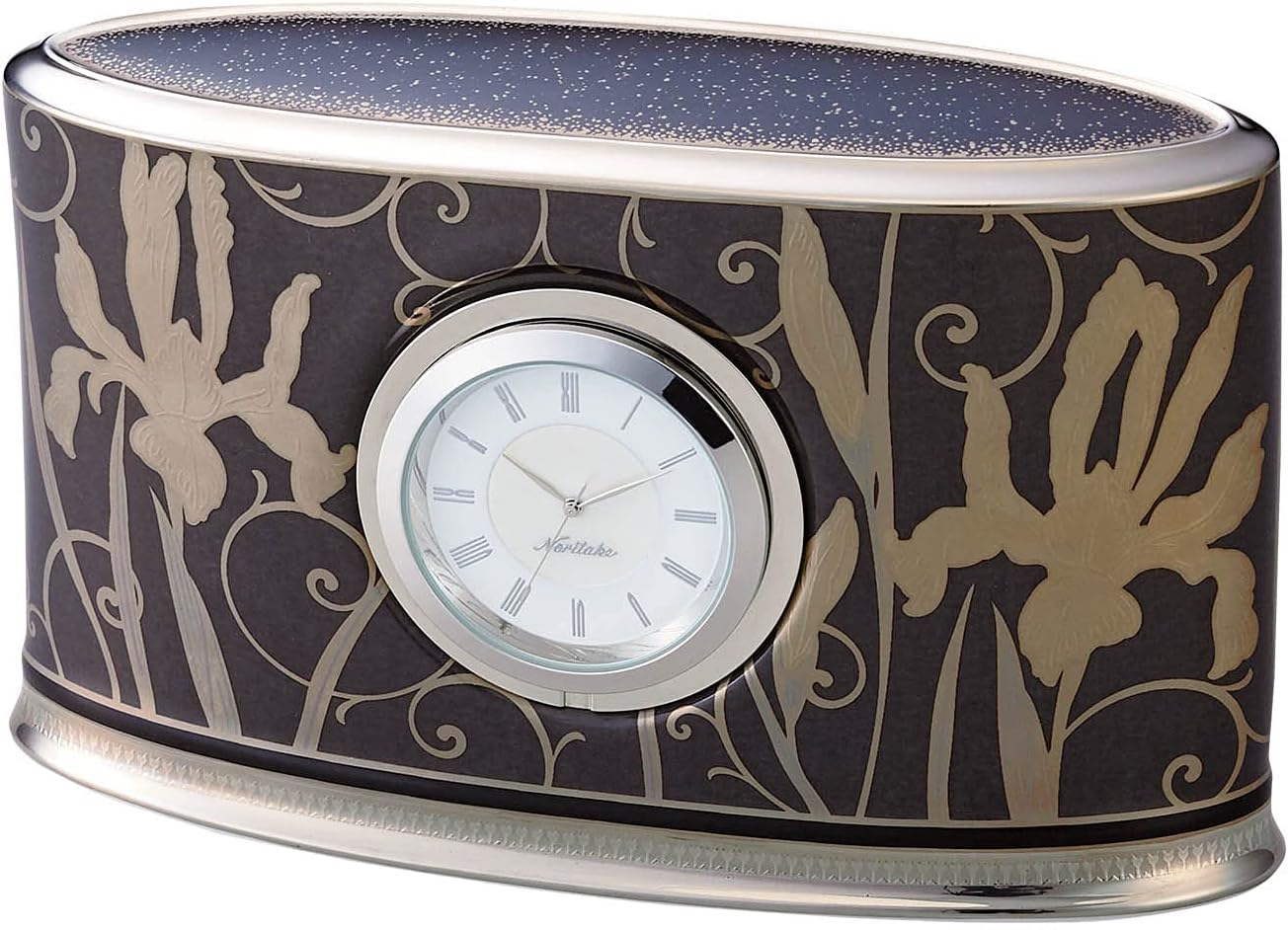 Noritake Y93584/978L Table Clock, Height: Approx. 3.5 inches (9 cm), Width: Approx. 6.1 inches (15.5 cm), Depth: Approx. 2.2 inches (5.5 cm), Iris, 1 Piece, Brown, Bone China, Dark Brown