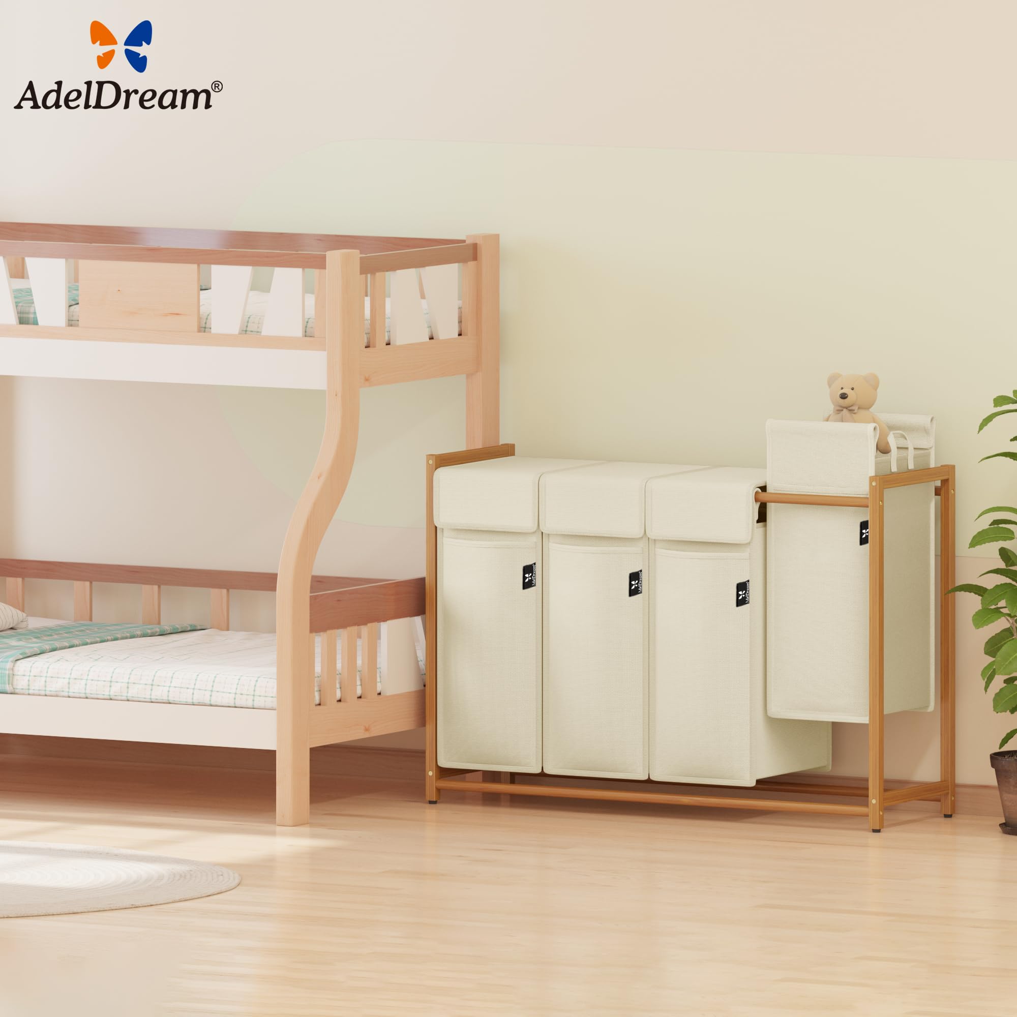 AdelDream Cesto de ropa clasificador de ropa con ruedas 4 compartimentos carro de lavandería con bolsas desmontables recolector de ropa bambú 200L color beige | Clasificador de ropa sucia 4 x 50L, bolsa extraíble, transpirable, beige