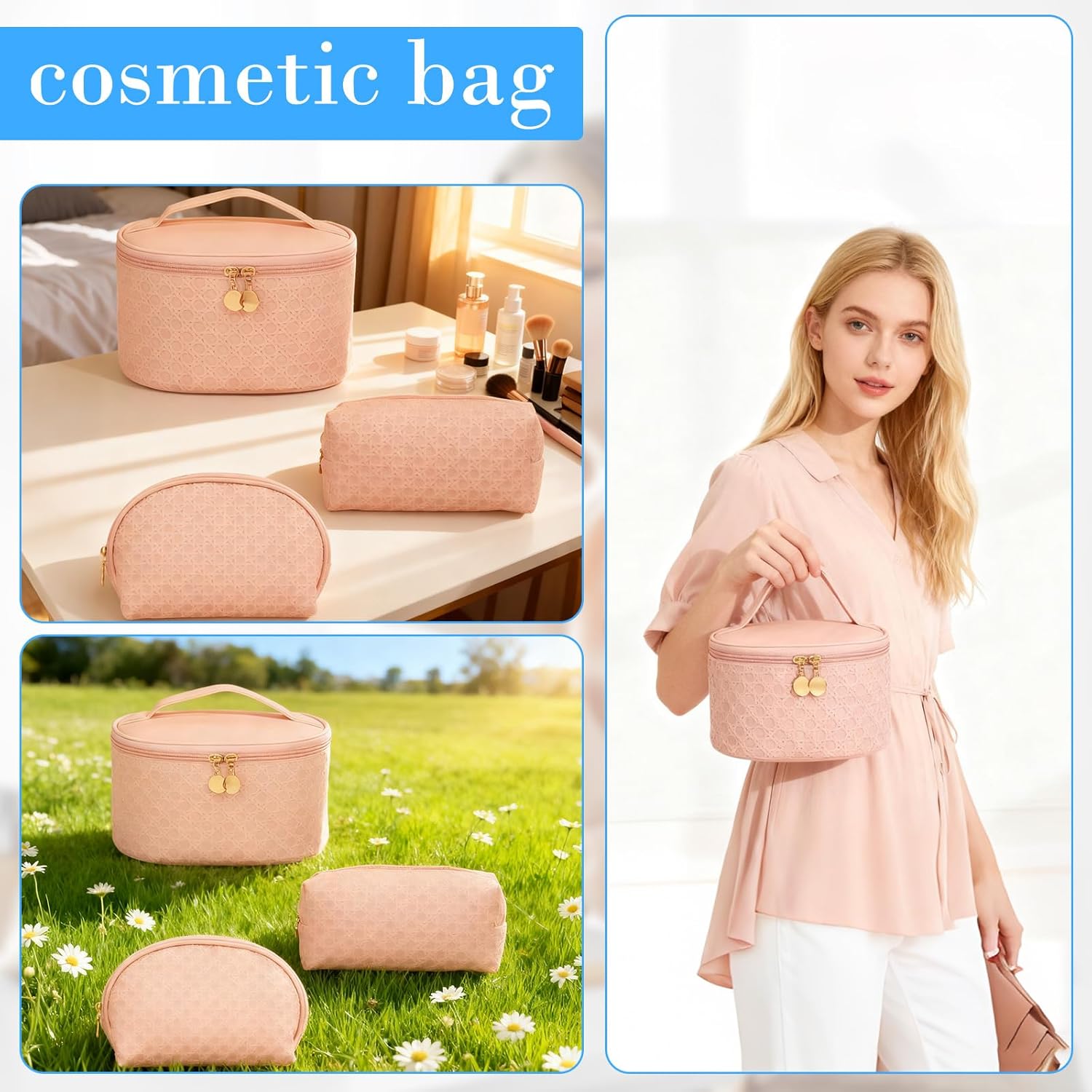 Woven Makeup Bag, Water-Resistant Cosmetic Organizer with Handle, Large Capacity Easy-Clean Travel Toiletry Bag, Soft PU Skin Makeup Pouch for Women