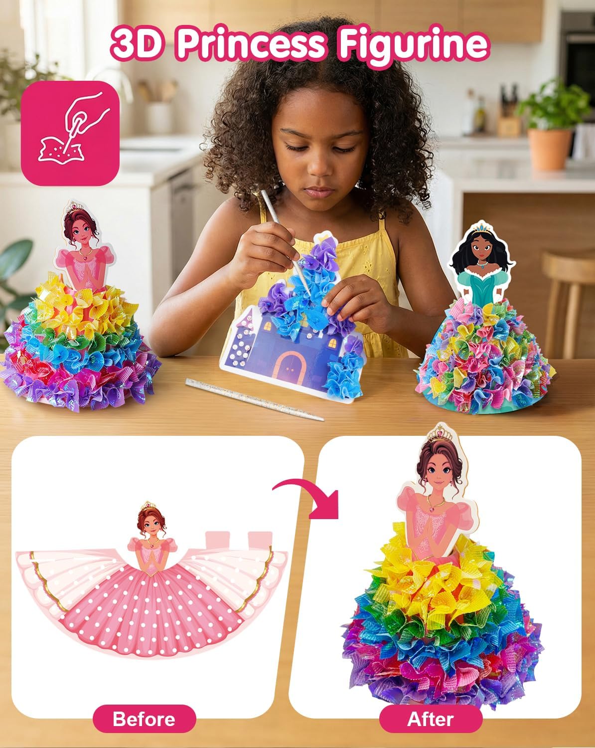 Zivorin Poke Art Craft Kit for Girls, 3D Princess Ornament DIY Set, Princess Crafts for Girls 4-6, Creative Poke Art Supplies for Kids Ages 4-8, Ideal Christmas Birthday Easter Gifts