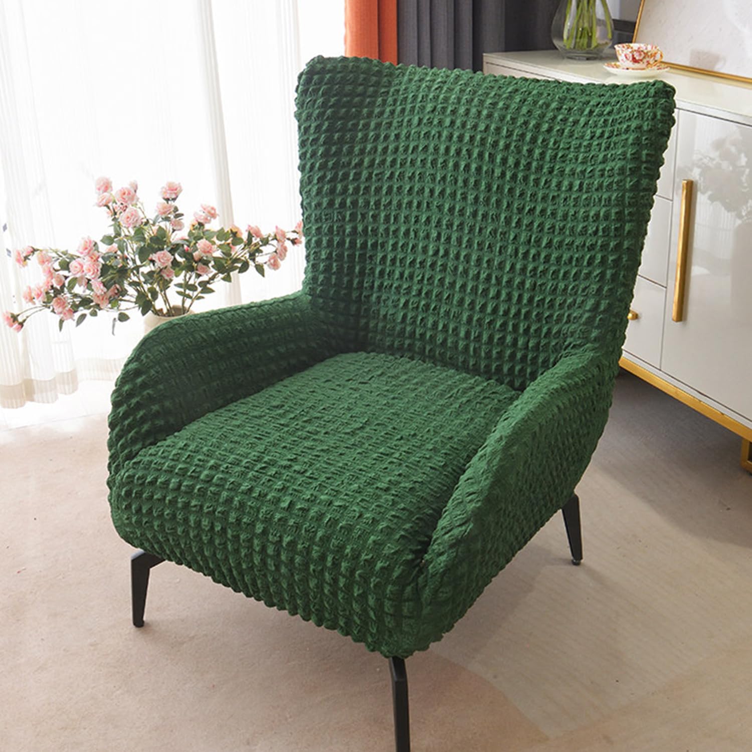 Coffee,1pcs, 1 Piece Wingback Chair Slipcover Stretch Wing Chair Cover Seersucker Fabric Armchair Chair Cover Furniture Protector for Living Room Bedroom Hotel Washable