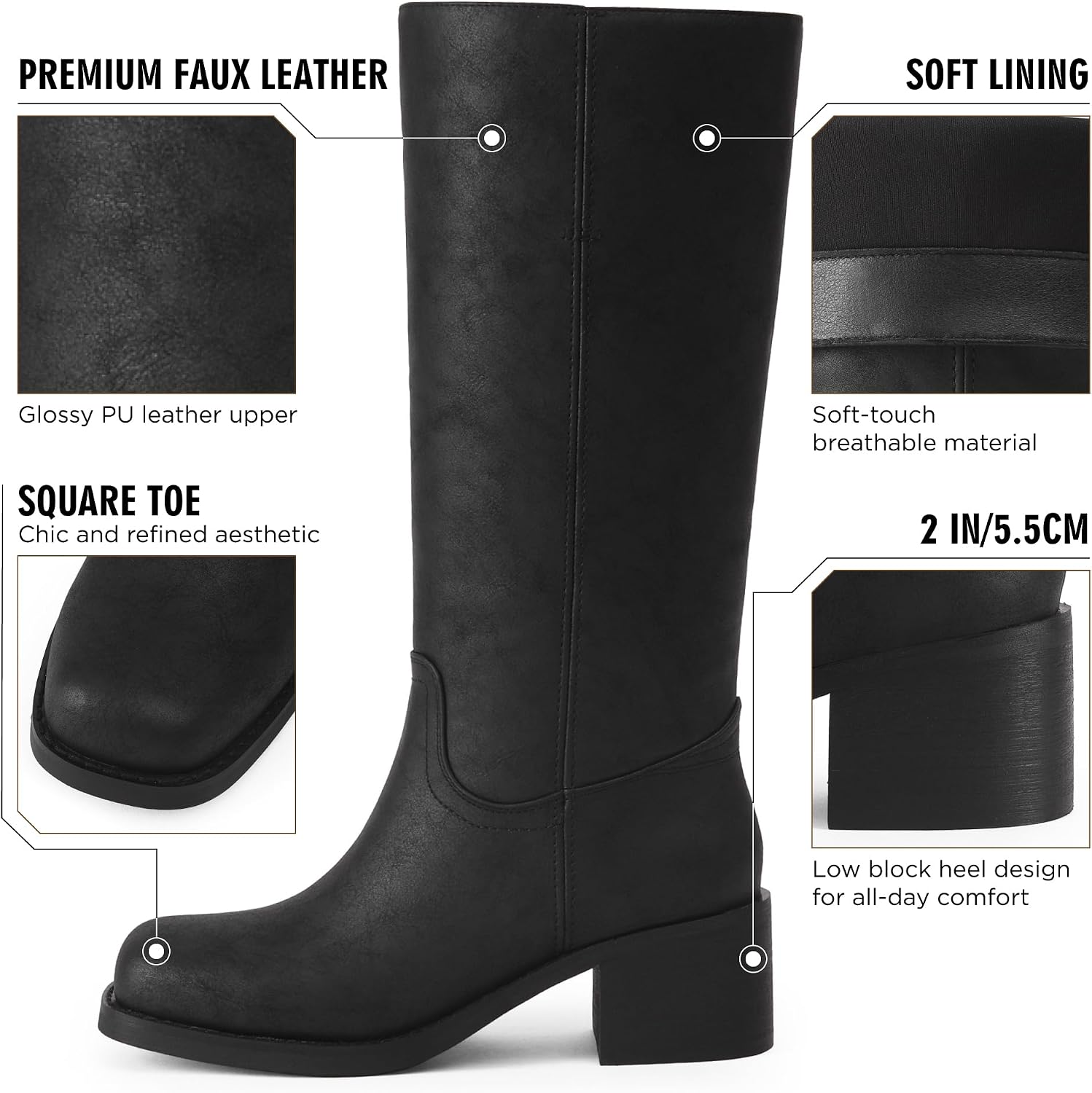Adolilove Mid Calf Boots for Women Chunky Block Low Heel Square Toe Comfortable Casual Trendy Stylish Boots