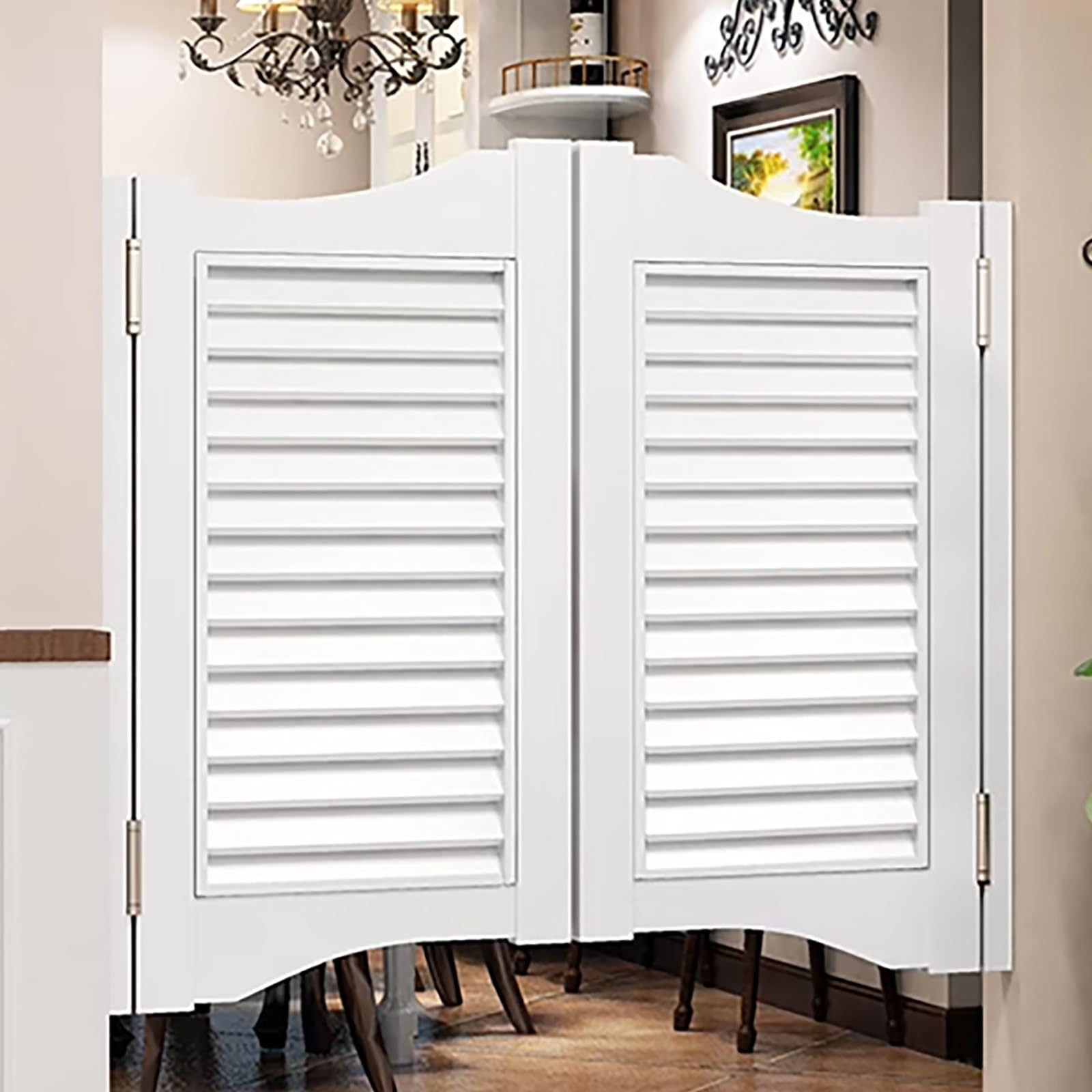 Porta a battente in legno con chiusura automatica, 74,9 cm, colore bianco, ideale per interni bar, pub o cucina, soluzione elegante e funzionale per l'ingresso di ingresso