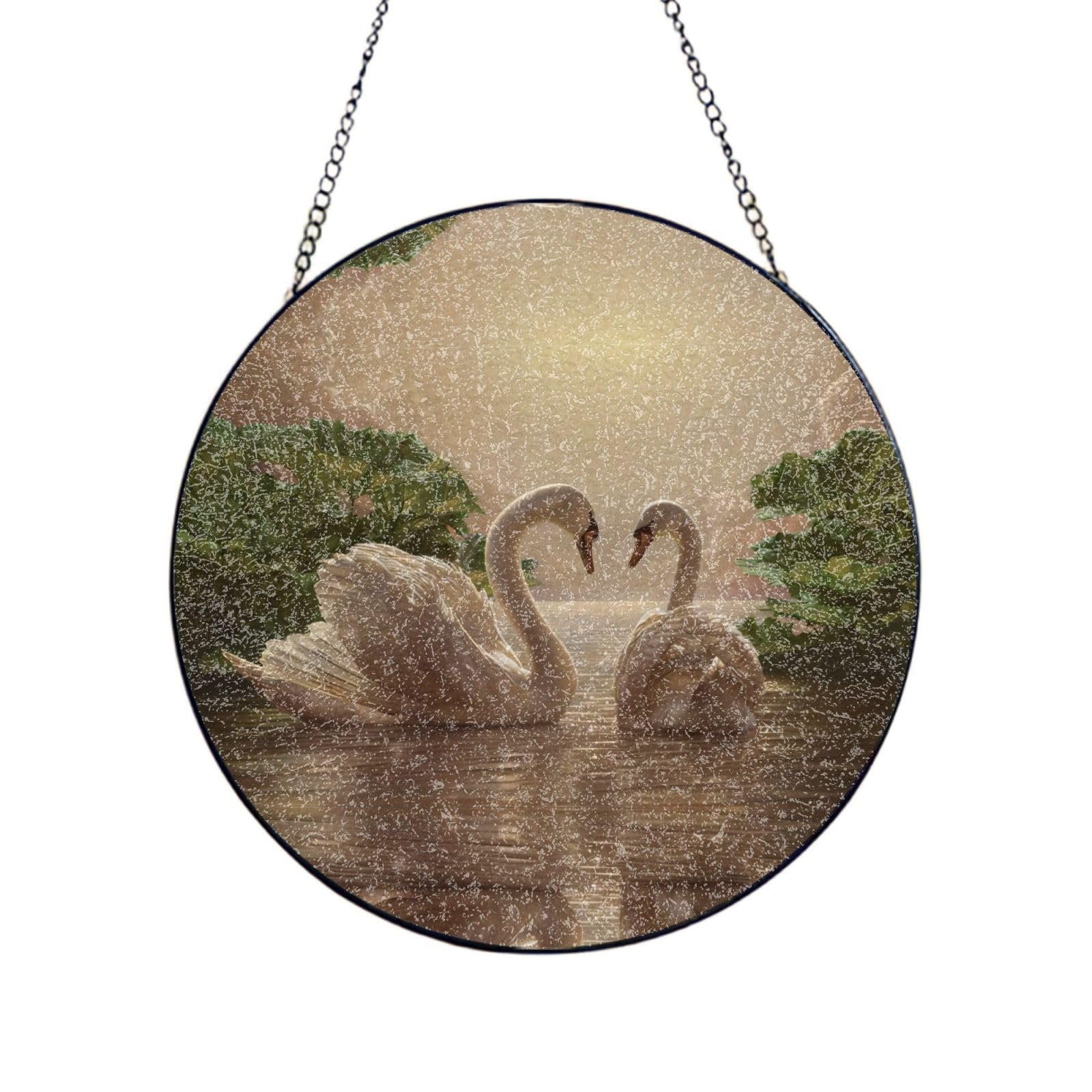 Phayah Swan Green Leaves Print Stained Glass Window Hanging Suncatcher For Door Terrace Garden Home Decor Sun Catcher Birthday Gifts For Lovers Dad Mom 6in（15cm）