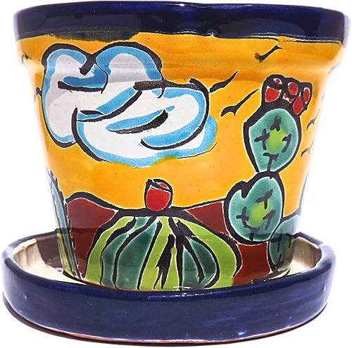 Miniatura 3 de Talavera - Macetas de cerámica mexicana con platillo Rancherito de 4 pulgadas - Cactus - Maceta de cerámica pintada a mano para interiores y