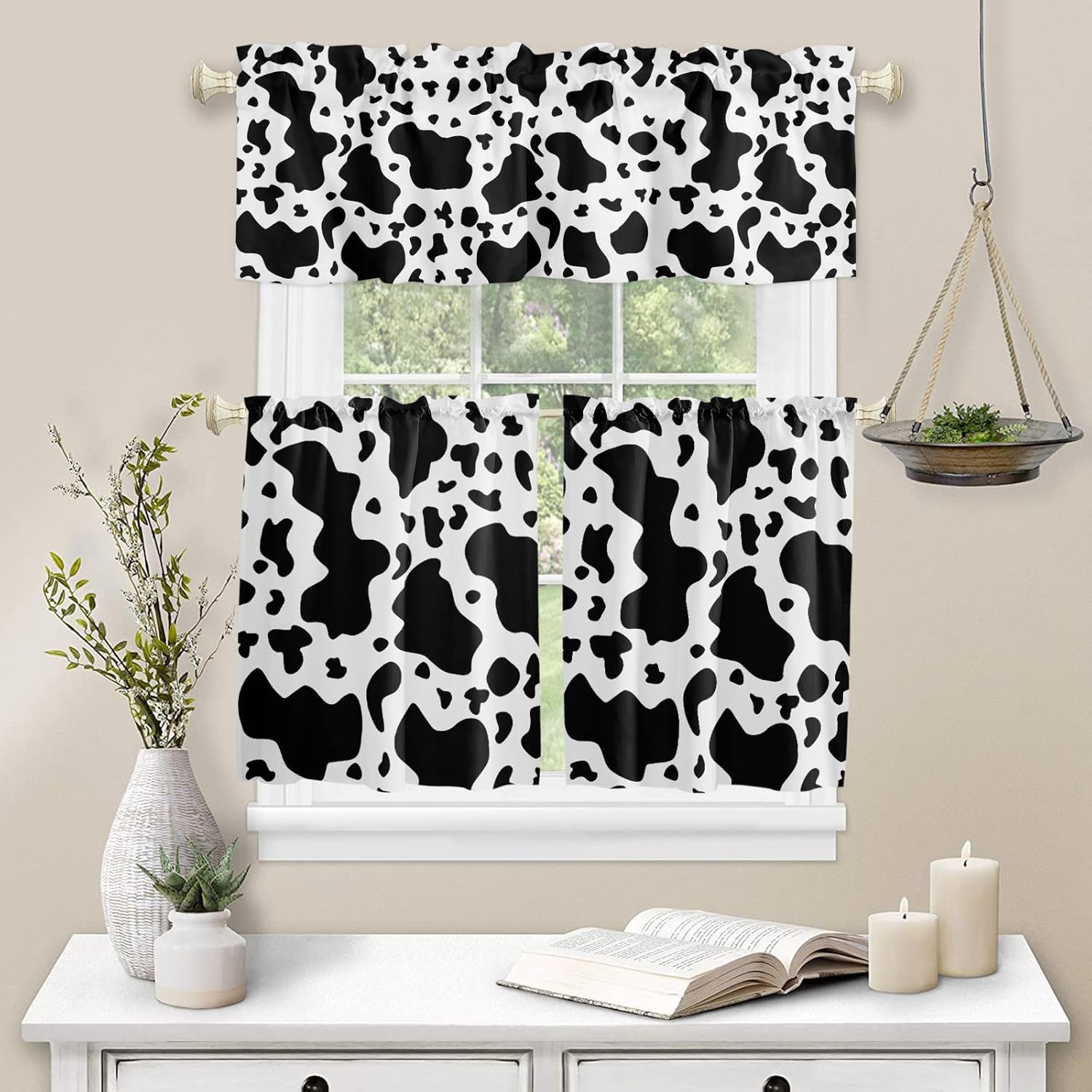 Cow Print Kitchen Curtain Valance and Tiers Set 3 Pieces Black and White Valances for Window Animal Rod Pocket Treatments Curtains Valance Tier Sets for Living Room Bedroom Window Decor 54x24 Inch