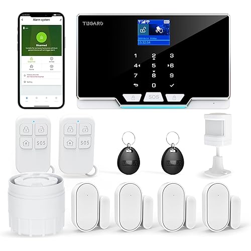 Alarm Security with Phone APP Alert,1.8" TFT Colorful Screen Smart Home Security System 12Pieces Kits,Monitor Sensor,Remote Controls,Compatible with Alexa and Assistant for Home Apartment Villa,Black