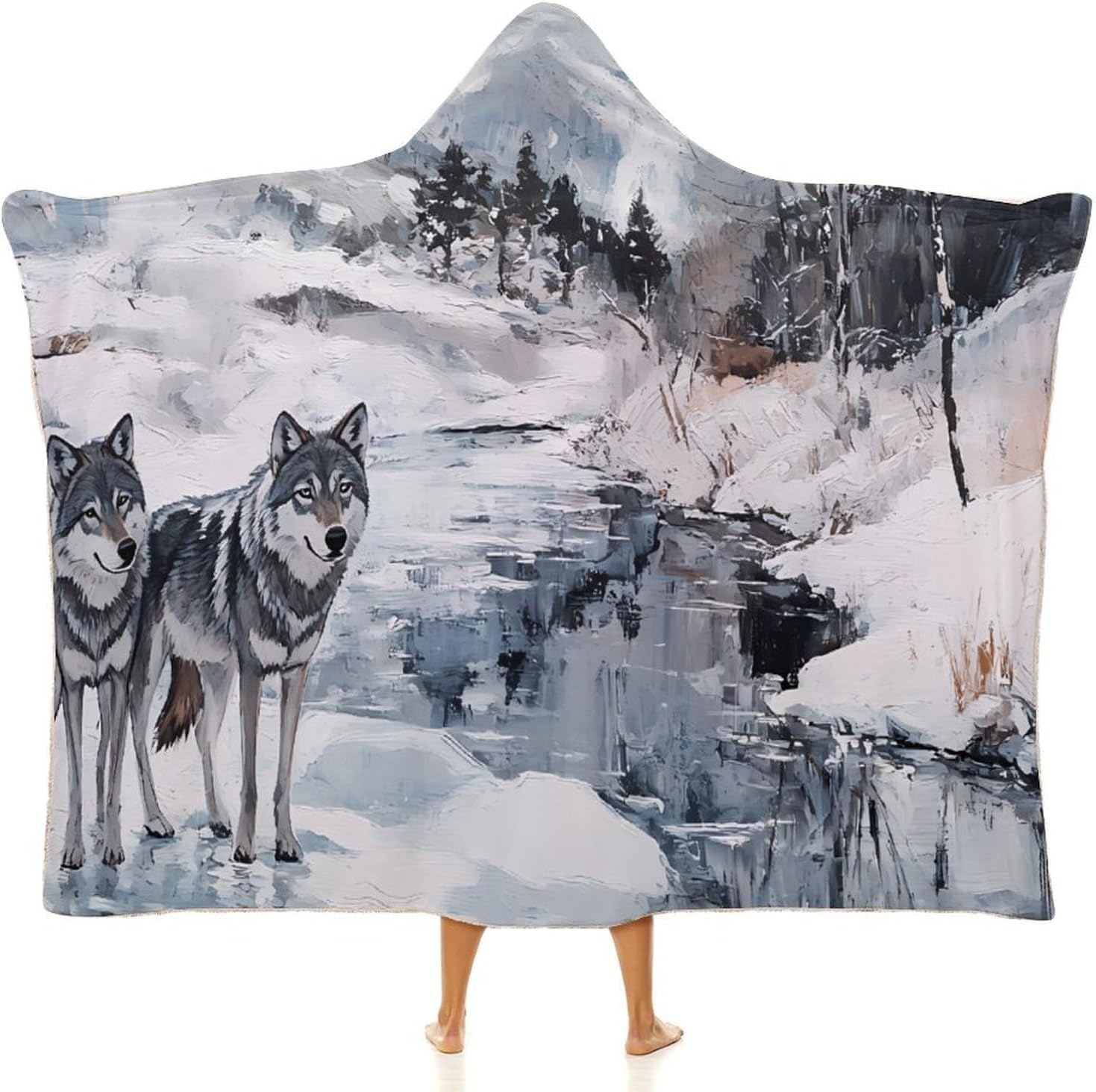 Wolf Wolves By The Stream Fashion Wearable Blanket Hoodie Fleece Throw Cloak Robe Unisex