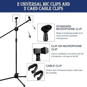 Adjustable Boom Mic Stand Tripod with Dual Mic Clips Black | Microphone Holder 73-175cm adjustable boom arm foldable steel tripod stable support for stage studio podcast karaoke