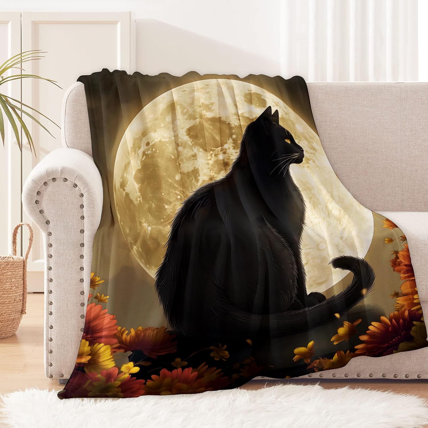 Moonlit Black Cat Blanket for Cat and Night Lovers, Kitten and Moon Flannel Blankets, Mystical Art Gifts, Soft Warm Cozy Throws for Sofa Couch Bed Living Room Bedroom Home Decor 60" x 50"