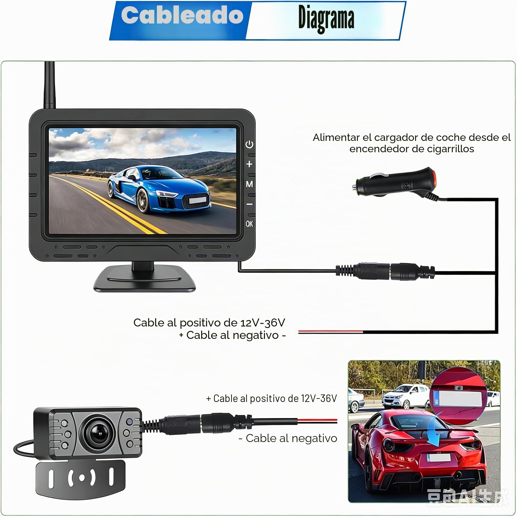 SIXWIN Kit Cámara de Marcha Atrás Inalámbrica con Monitor de 4.3 Pulgadas y 1 Cámara Trasera Inalámbricas, IP68 Impermeable, Visión Nocturna, para Autocaravana, Camión, Coche, Autobús, 12V-36V