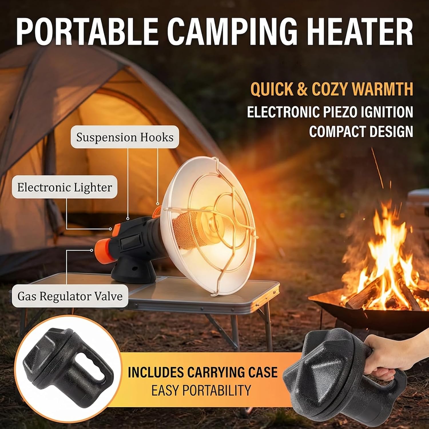 Camping Heating Mini Outdoor Butane Heater Electronic Ignition Propane Heater for Golf Cart, Garage, Camping, Picnic