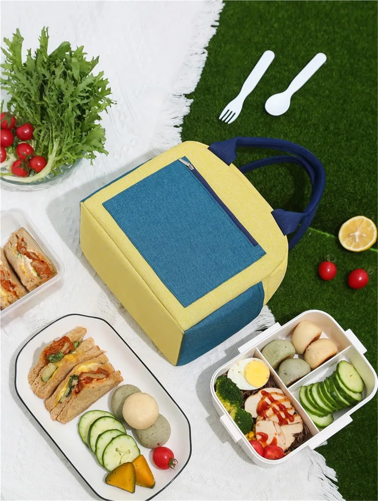 Bolsa De Almuerzo Bolsa Bento Bolsa con Aislamiento térmico Reutilizable for Fiambrera de Oficina Bolsa Bento para Oficina，Picnic(Blue)