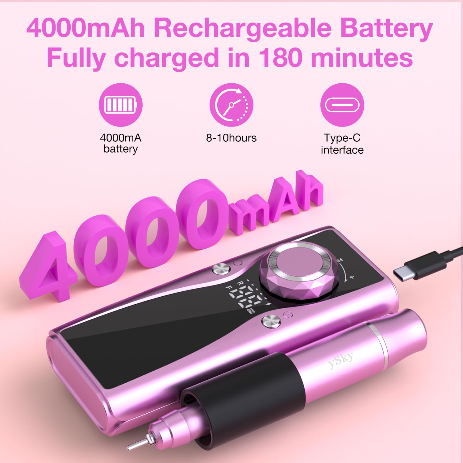 Electric Nail Files, 45000 RPM Professional Nail Drill for Acrylic Nails Gel, Adjustable Speed E File for Nails, Cordless Rechargeable Nail Drill Kit for Manicure Salon Home(Pink,Gift Box)