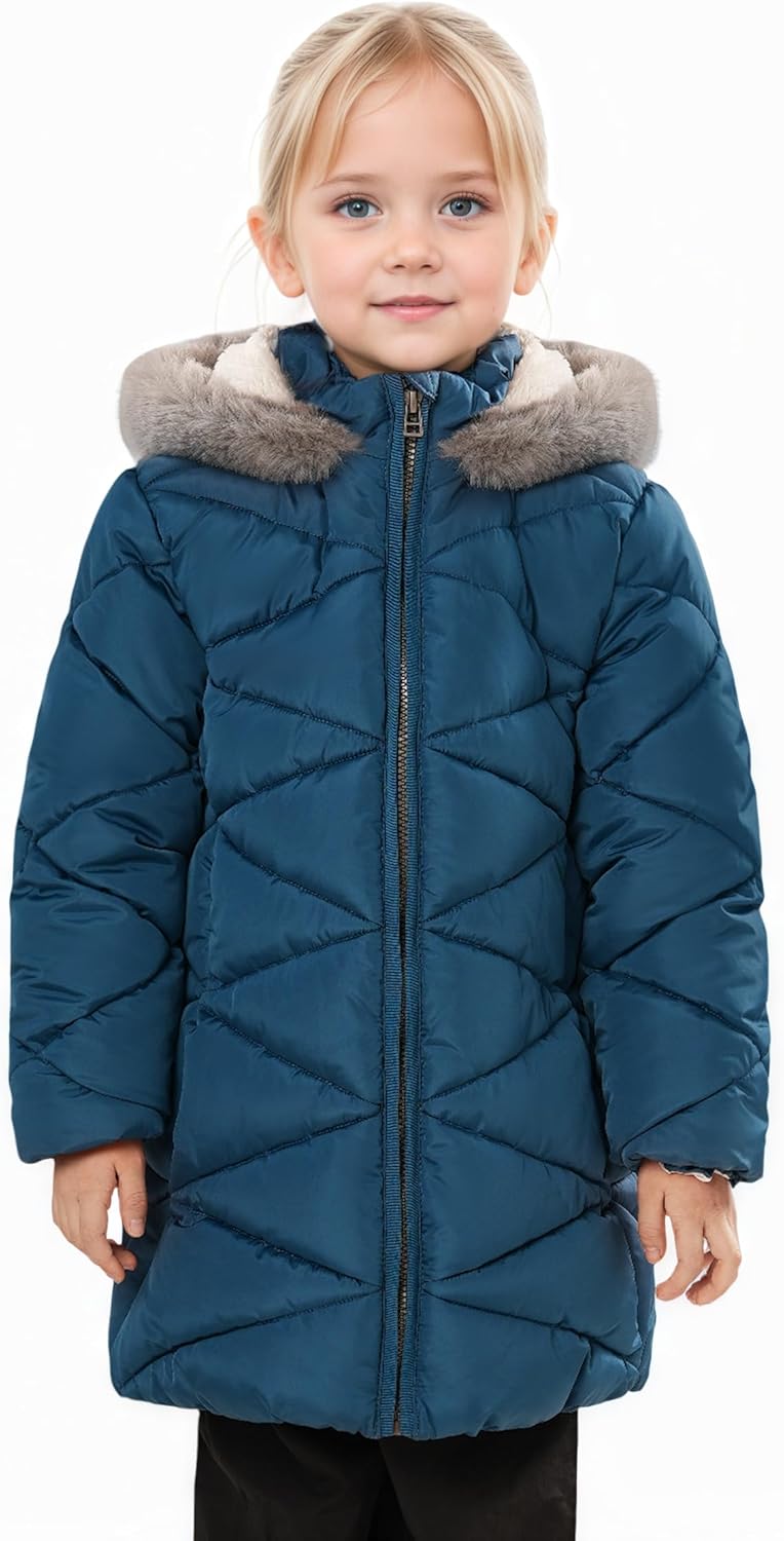 SOLOCOTE Girls Winter Puffer Coat with Faux Fur Hood Sherpa Lined Parka Water-Resistant Windproof Quilted Jacket