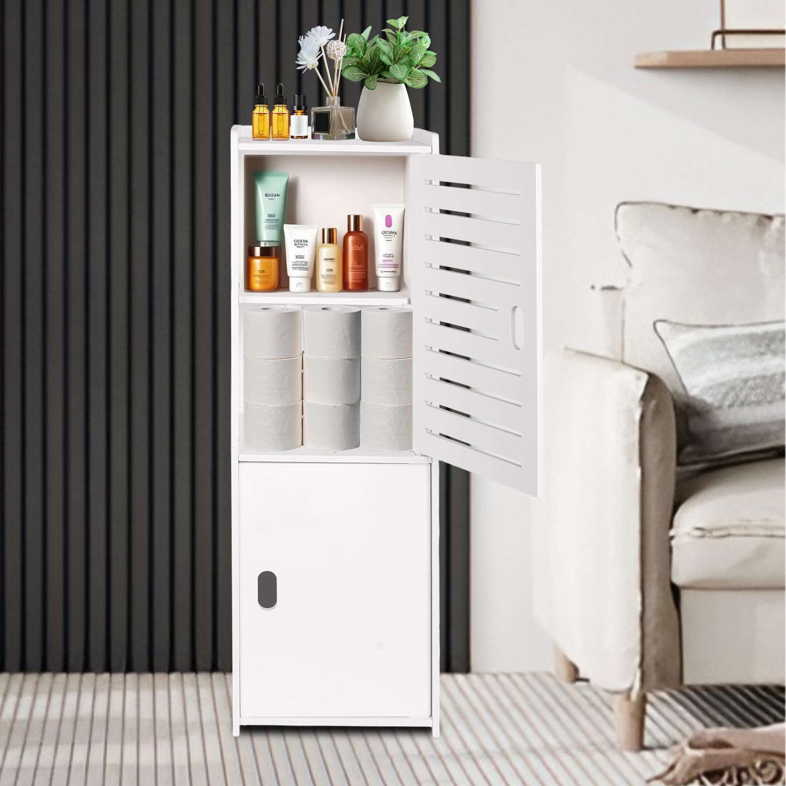 powerking 3 Nivel Baño Armario de Almacenamiento, Organizador Independiente con Puertas, Armario de Piso de Almacenamiento Blanco para Dormitorio, Aseo, Sala de Estar, Cocina, Balcón, Oficina