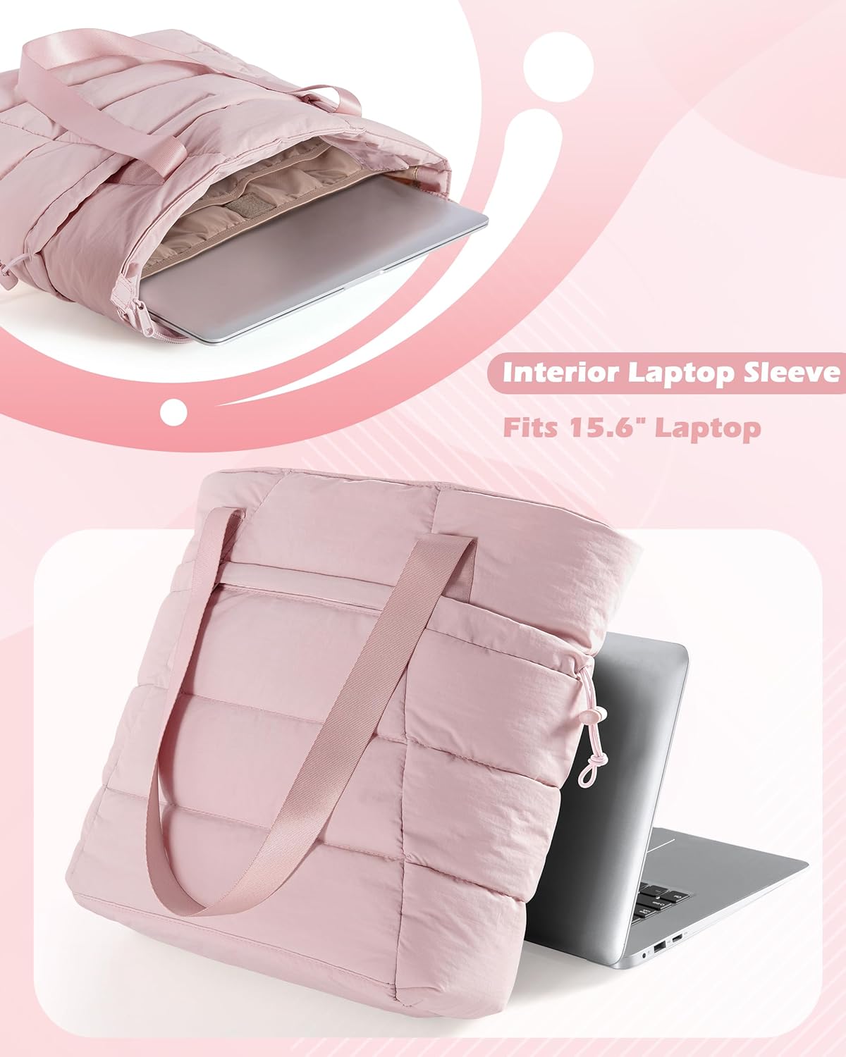 Puffer Tote Bag for Women, Lightweight Tote Bag for Work and School, Pink - Image 3