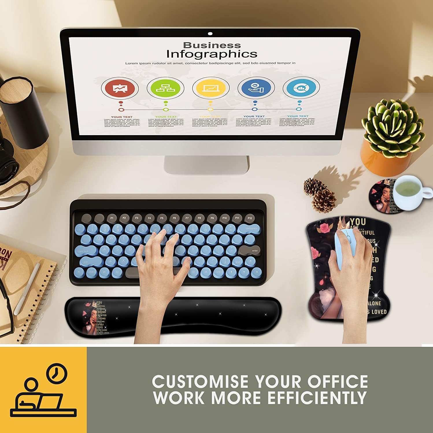 Keyboard Wrist Rest and Mouse Pad Wrist Support Set, Ergonomic Gel Mouse Pad Wrist Rest with Non-Slip Base for Home Office Desk Pad, African American Women Black Girl Black Gaming Mouse Mat