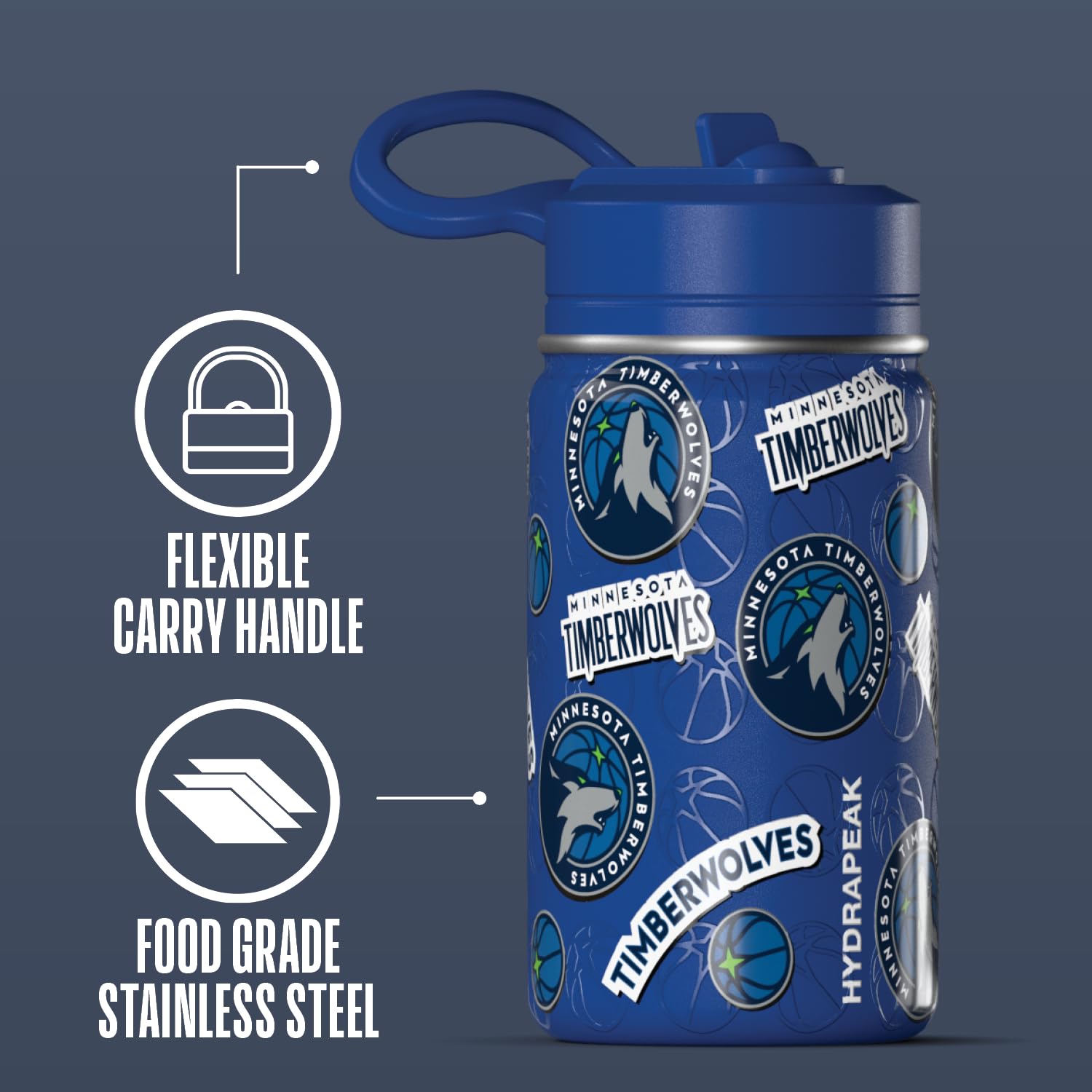 Hydrapeak NBA Minnesota Timberwolves Mini-Wasserflasche für Kinder, Edelstahl, mit Strohhalm-Deckel und flexiblem Griff, doppelwandig, isoliert, auslaufsicher, 400 ml