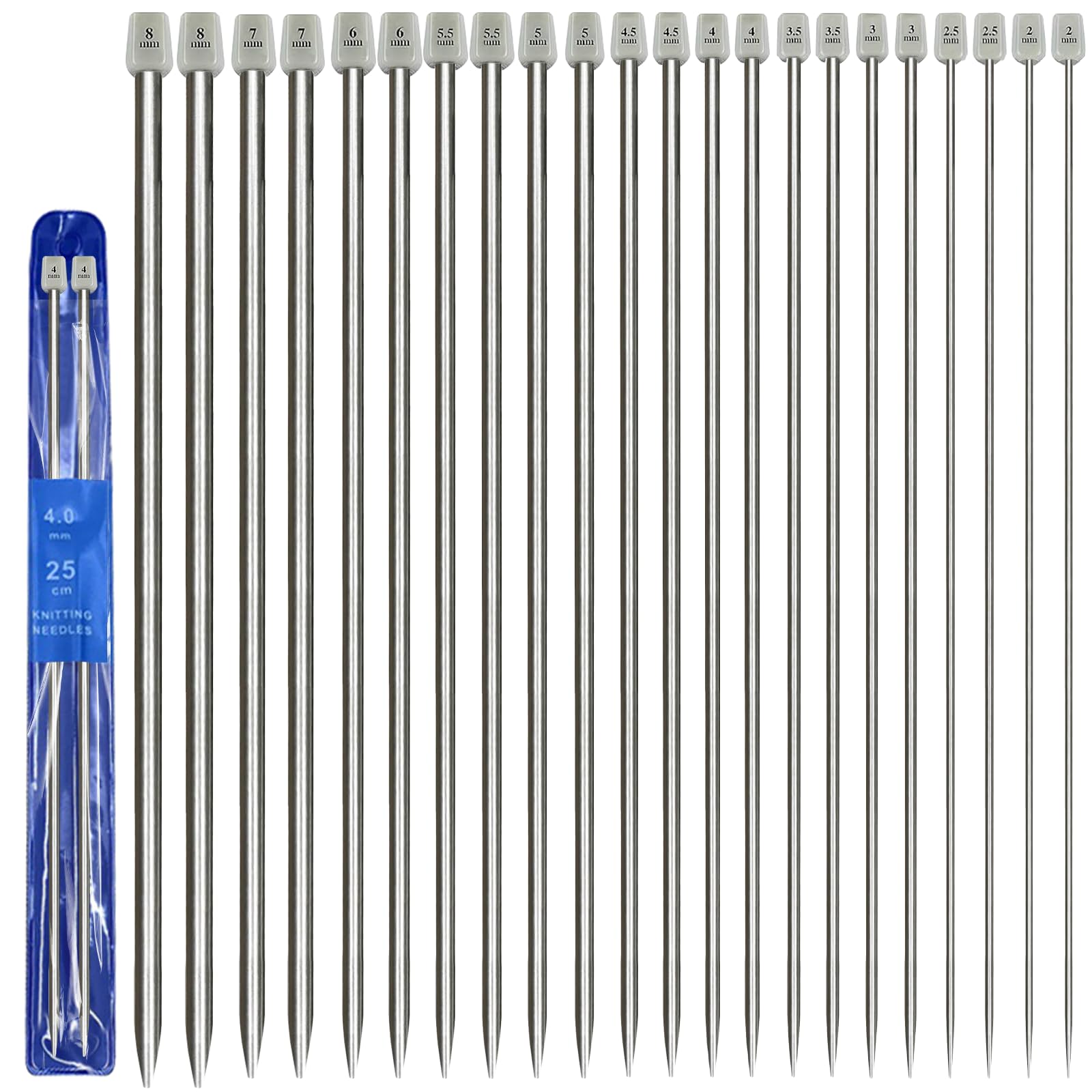 Knitting Needles Set 22 Pcs Long Knitting Needle 25cm Metal Knitting Needles 2/2.5/3/3.5/4/4.5/5/5.5/6/7/8MM Straight Knitting Needle for Beginners Professional Handmade DIY Knit Crafts