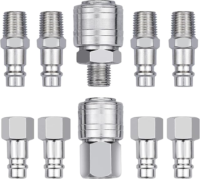 10Pcs Air Compressor Fittings 1/4" BSP Air Line Hose Euro Connectors Fitting Male Female Thread Quick Release Male Female Connector Fittings Set