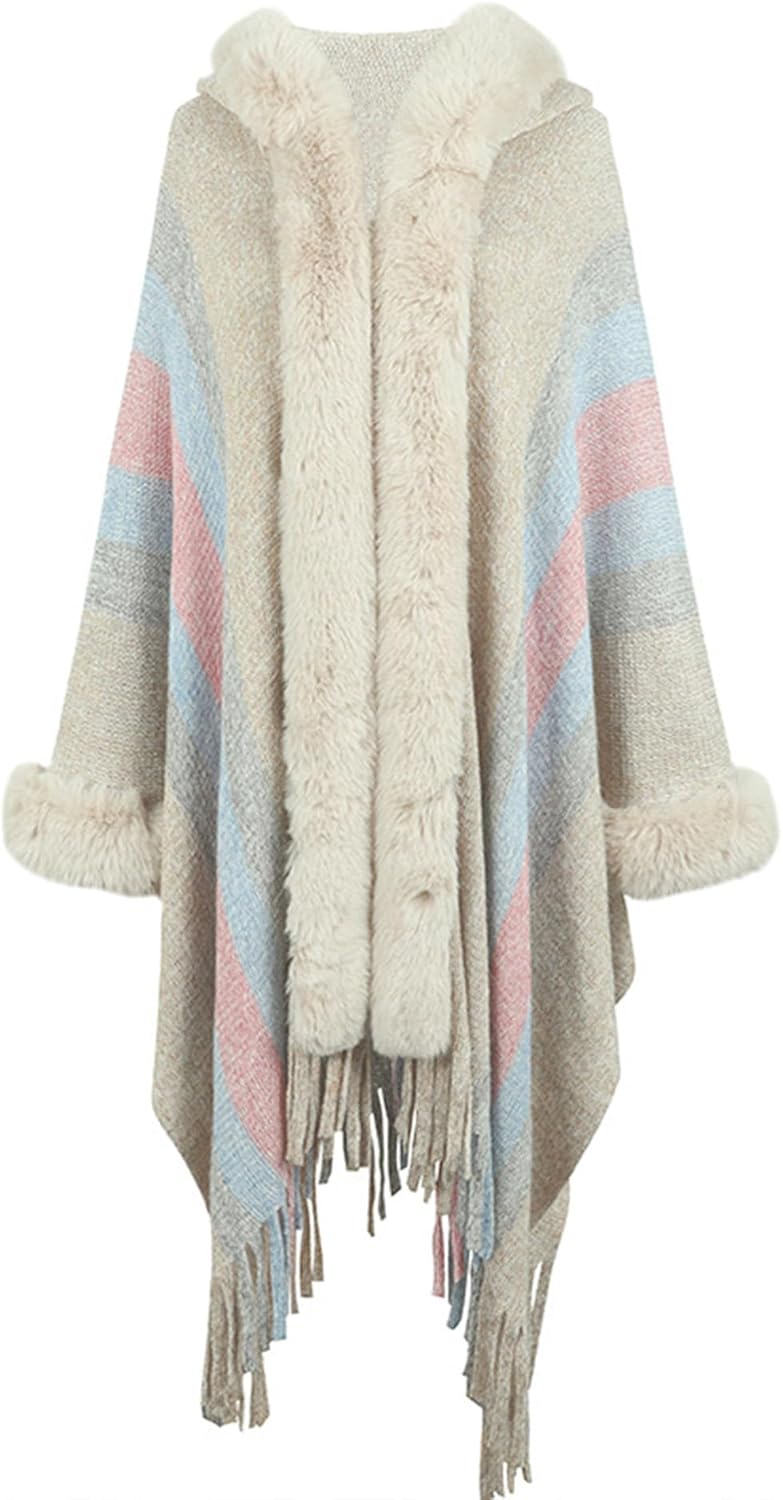 Sexyshine Women's Faux Fur Trim Hooded Cloak Shawl Wrap Rainbow Striped Batwing Sleeve Tassel Poncho Coat Cape