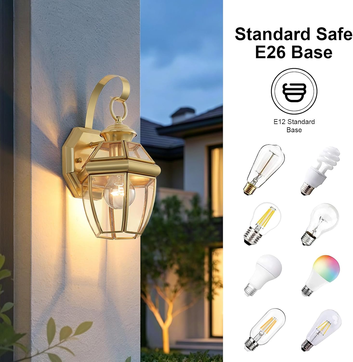 Solid Brass Outdoor Wall Light Fixtures, 12.6" Exterior Wall Lantern Sconce with Beveled Clear Glass, Waterproof Anti-Rust Porch Light for Front Door Entryway Garage, E26 Base, 1-Pack