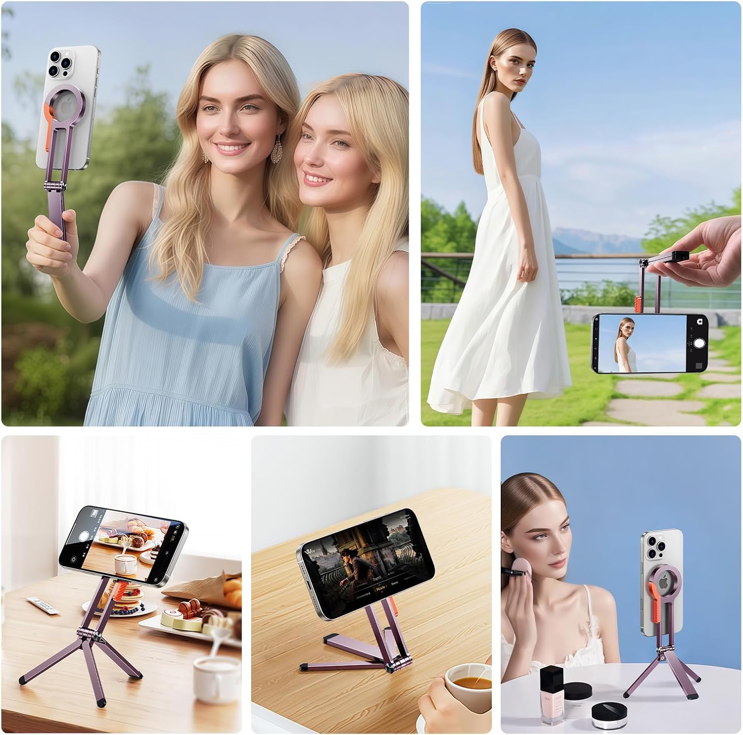 for MagSafe Magnetic Phone Tripod Stand for iPhone & Android Phone, Portable Mini Pocket Tripod Holder, Foldable Aluminum Small Holder with Carabiner Clip for iPhone 16/15/14/13 Series, Dusty Purple