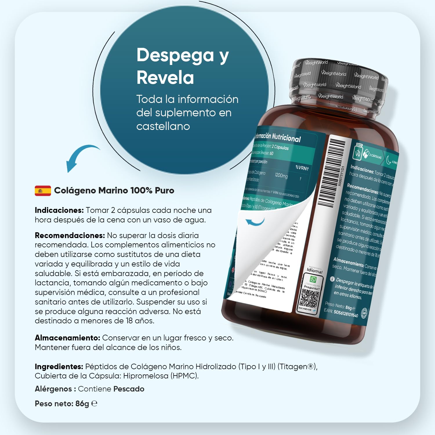 Colágeno Marino Hidrolizado 100% Puro 1200 mg - 120 Cápsulas de Péptidos de Colágeno de Pescado Hidrolizado Tipo I y III - Suministro para 2 Meses, Sin Gluten y Sin OGM