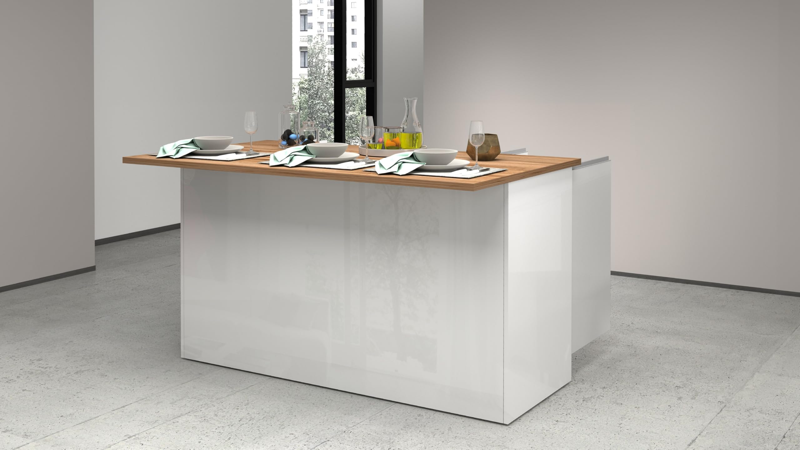 Generico Web Furniture Isola SOLE Cucina 155 x 90 x 90 cm Antracite/Report (Bianco lucido/Rovere)