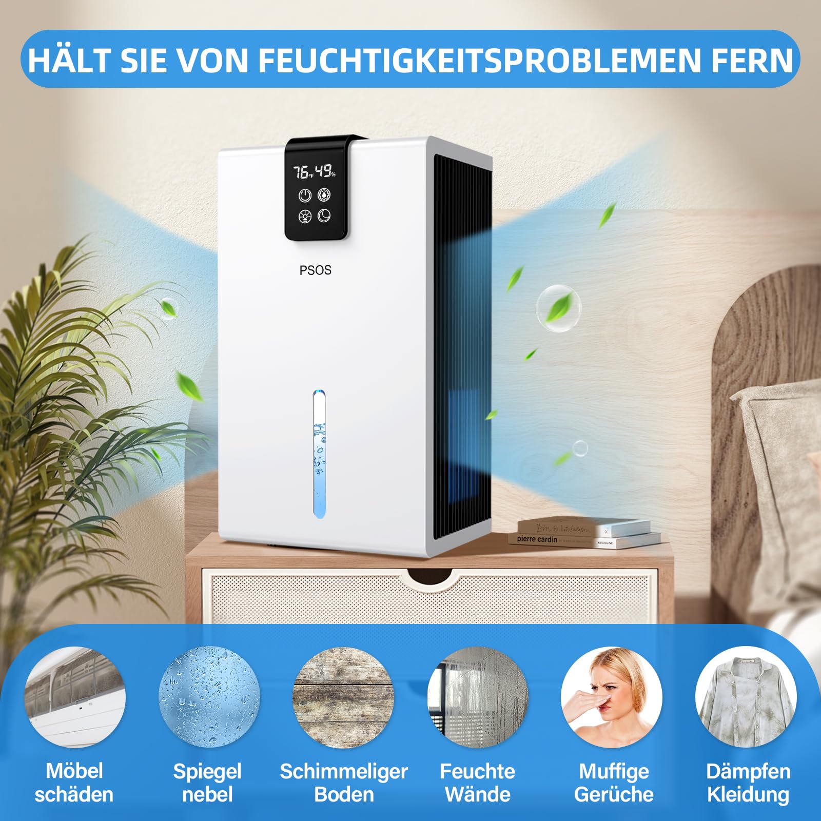 PSOS Luftentfeuchter, 2800ML Elektrischer Luftentfeuchter mit Ultra-Leise Automatischer Abschaltung, 7 Farben Licht Entfeuchter für Keller Badezimmer, Raumentfeuchter Dehumidifier für Schlafzimmer