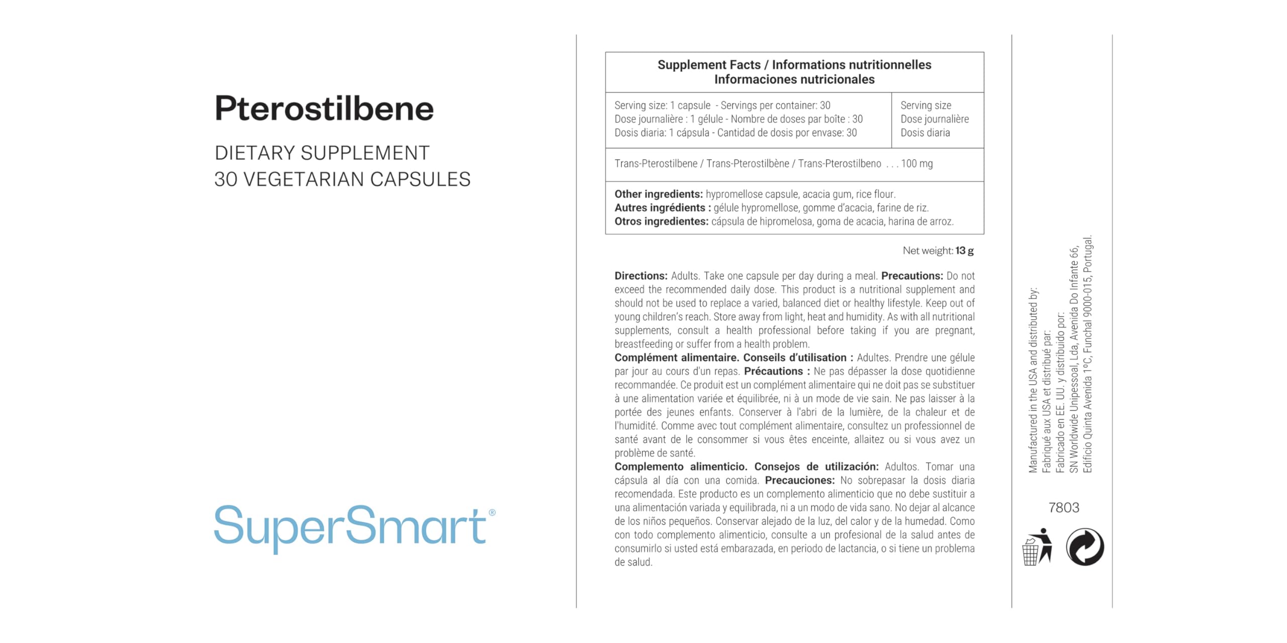 Pterostilbeno - Más Potente que el Resveratrol - Antioxidante - SuperSmart | Antienvejecimiento - Antiinflamatorio - Refuerzo Metabólico - Sin OGM y Sin gluten - 30 Cápsulas Vegetarianas