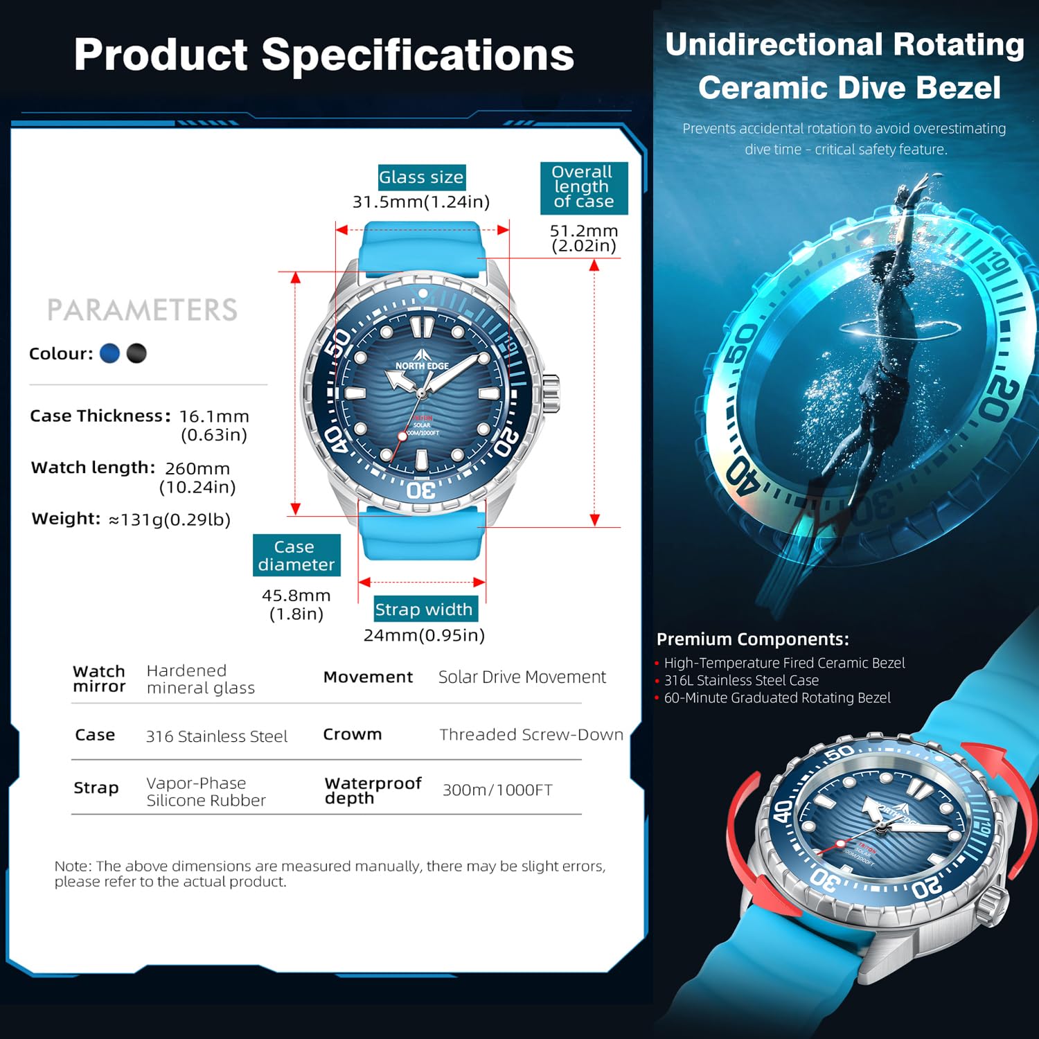 Orologio da uomo a energia solare, resistente all'acqua fino a 300 m, in acciaio inox, cinturino in acciaio 316L, orologio analogico al quarzo per immersioni e uso quotidiano
