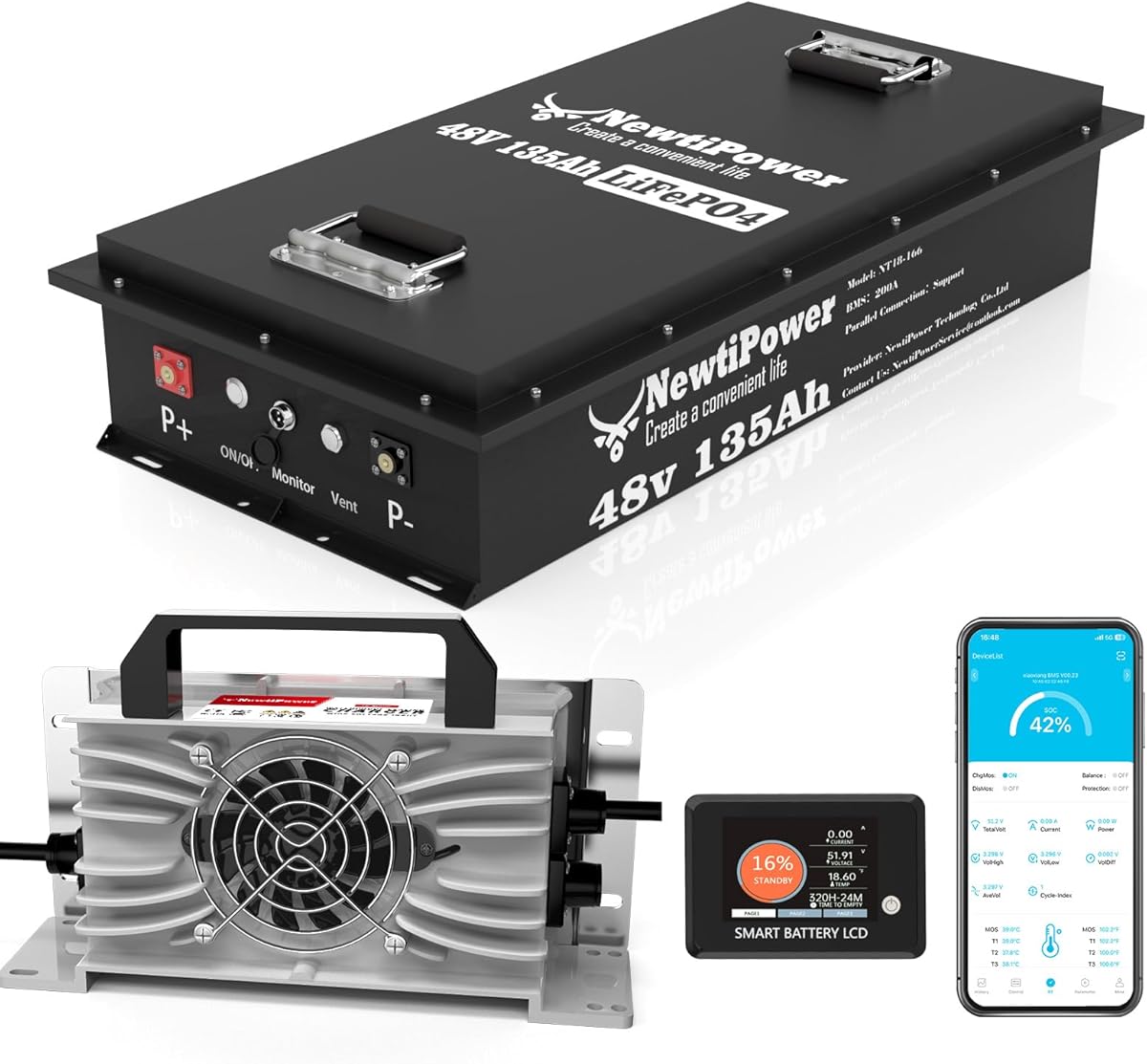 48V 135Ah Golf Cart Lithium LiFePO4 Battery with Charger and 200A BMS Grade A Cells Deep Cycle Rechargeable Battery,10000+ Cycles,Perfect for Golf Cart,Off Grid Applications (48V 135Ah-GC-Chr)