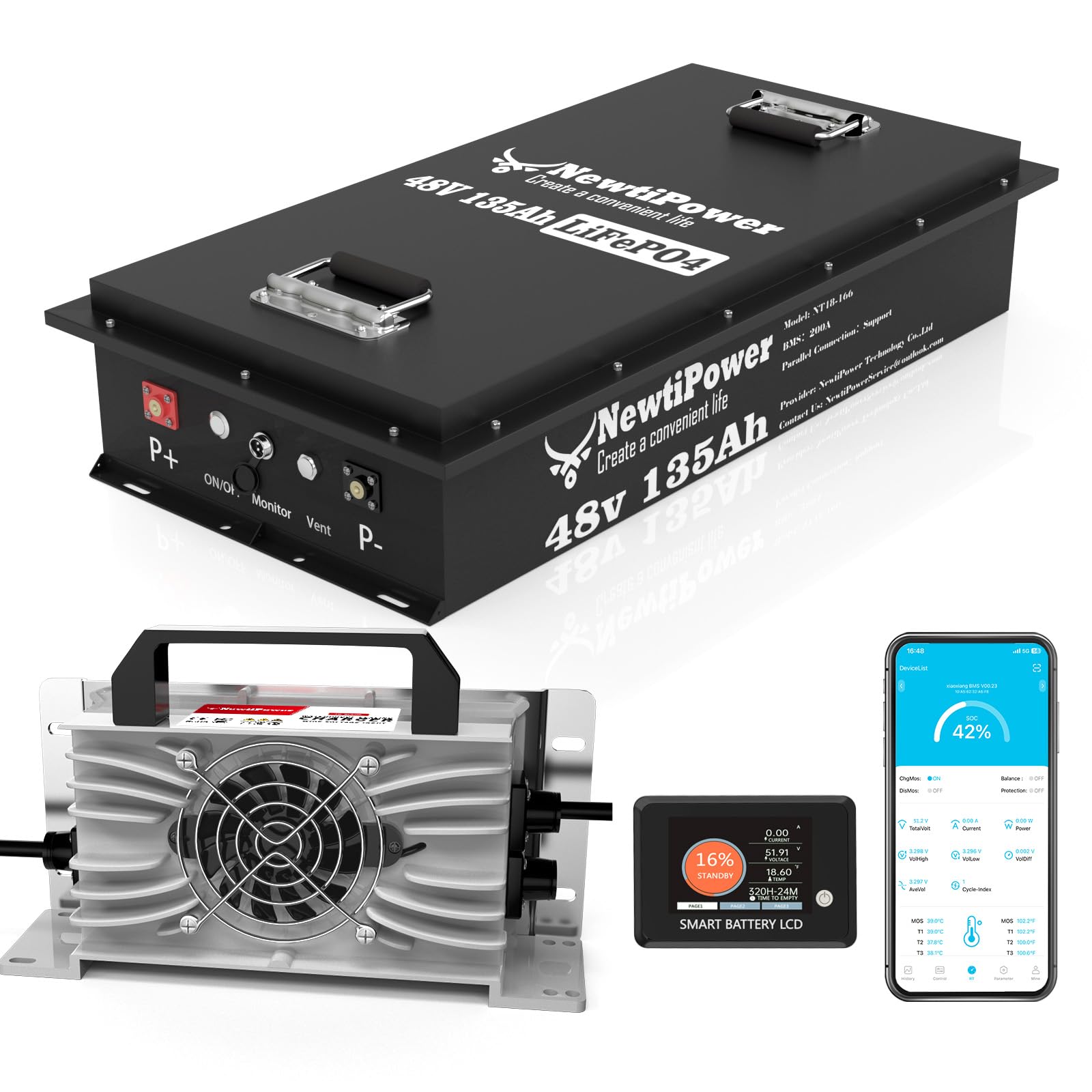 48V 135Ah Golf Cart Lithium LiFePO4 Battery with Charger and 200A BMS Grade A Cells Deep Cycle Rechargeable