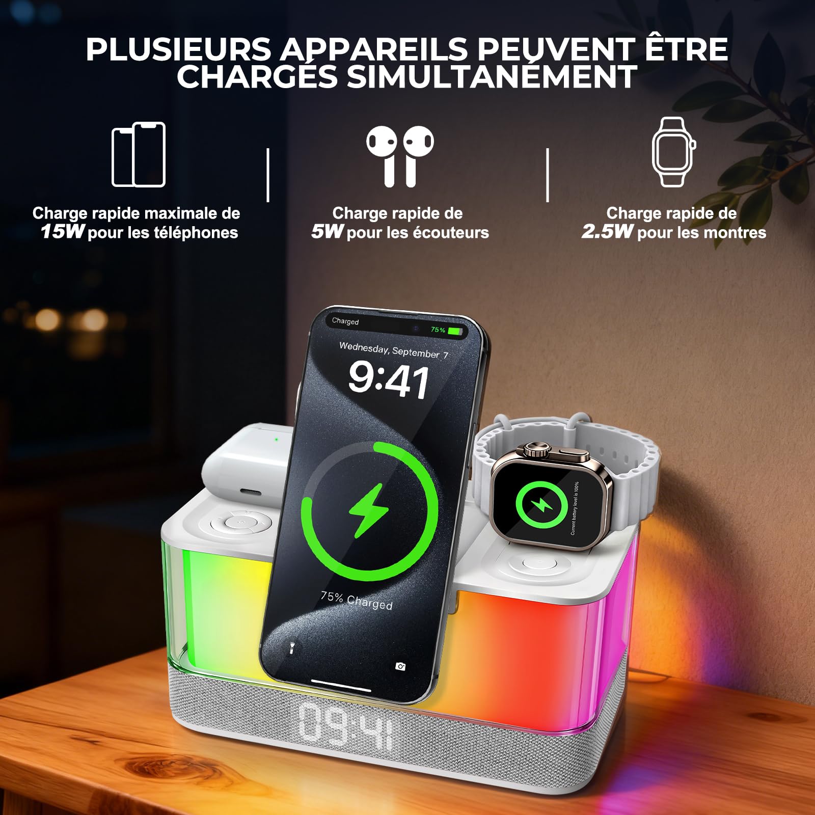 Charmofun Lampe de Chevet avec Enceinte Bluetooth et Chargeur Induction, 3 en 1 Station de Charge pour Phone Montre Connectée et Écouteurs, Enceinte Connectée avec Lampe d'ambiance Table