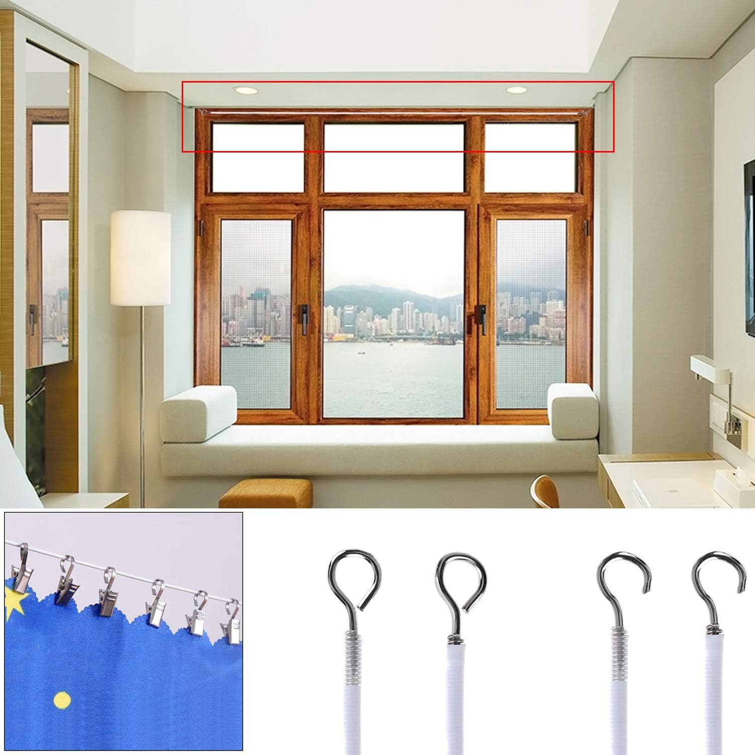 [2 Pack] Pinowu White Curtain Wire, Plastic Coated Window Curtain Wire, Picture Hanging Wire with 8 Pairs of Screw Eyes and Hooks