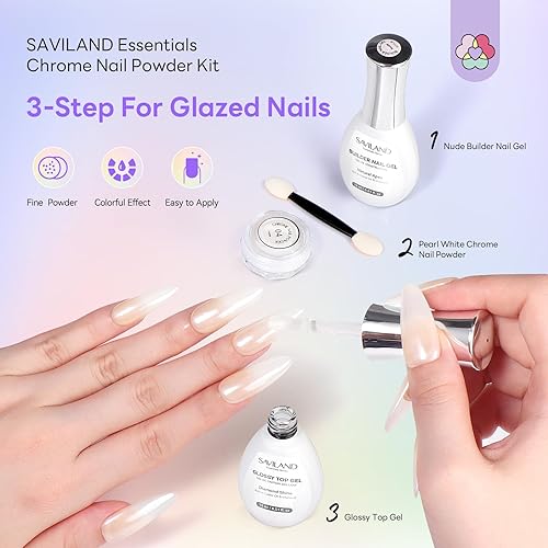 Miniatura 8 de Saviland Polvo de uñas de cromo perla blanca  0.03 oz de polvo cromado efecto espejo para uñas de gel, polvo de uñas cromado de sirena metálica para