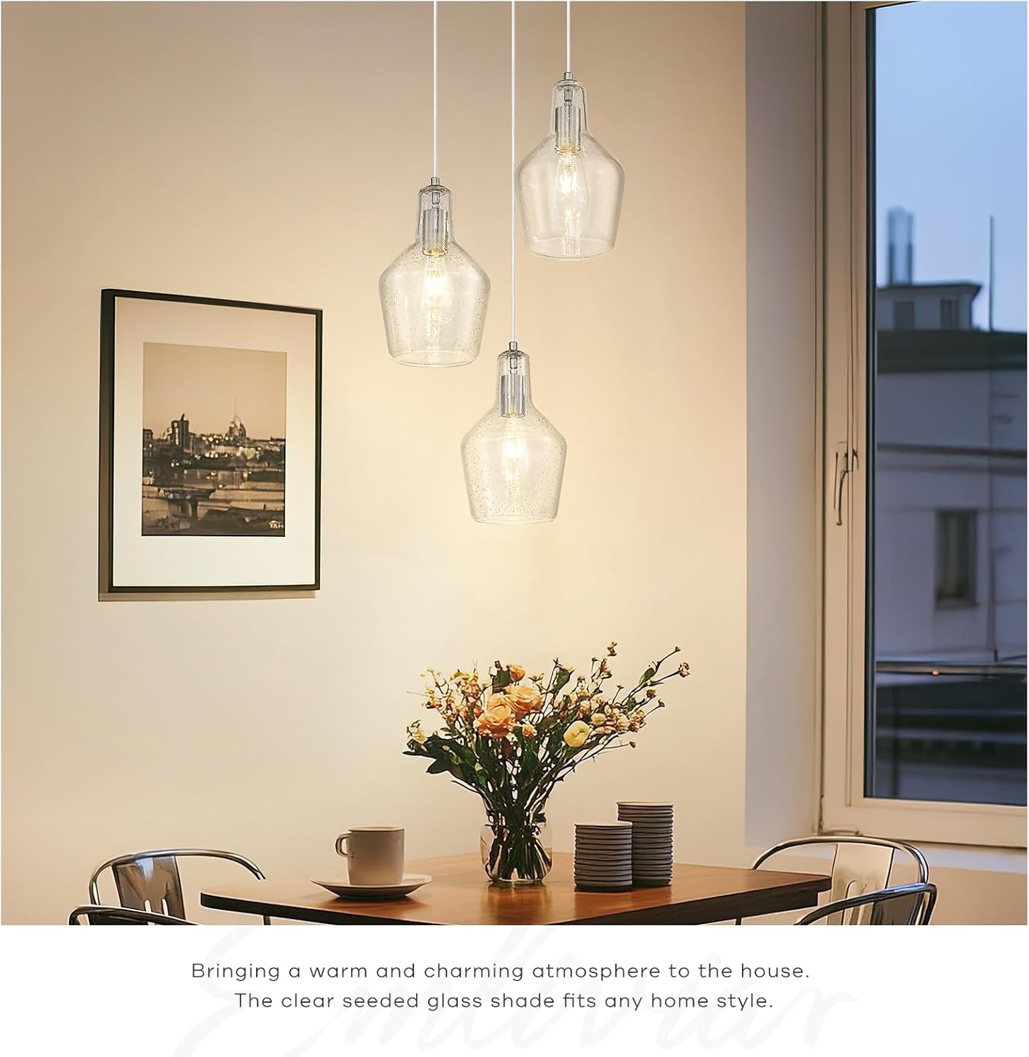 Emliviar Modern Kitchen Chandelier Brushed Nickel, 3-Light Hanging Pendant Lighting with Seeded Glass, Cluster Pendant Light Fixture for Entryway, DYE286G2-3 BN