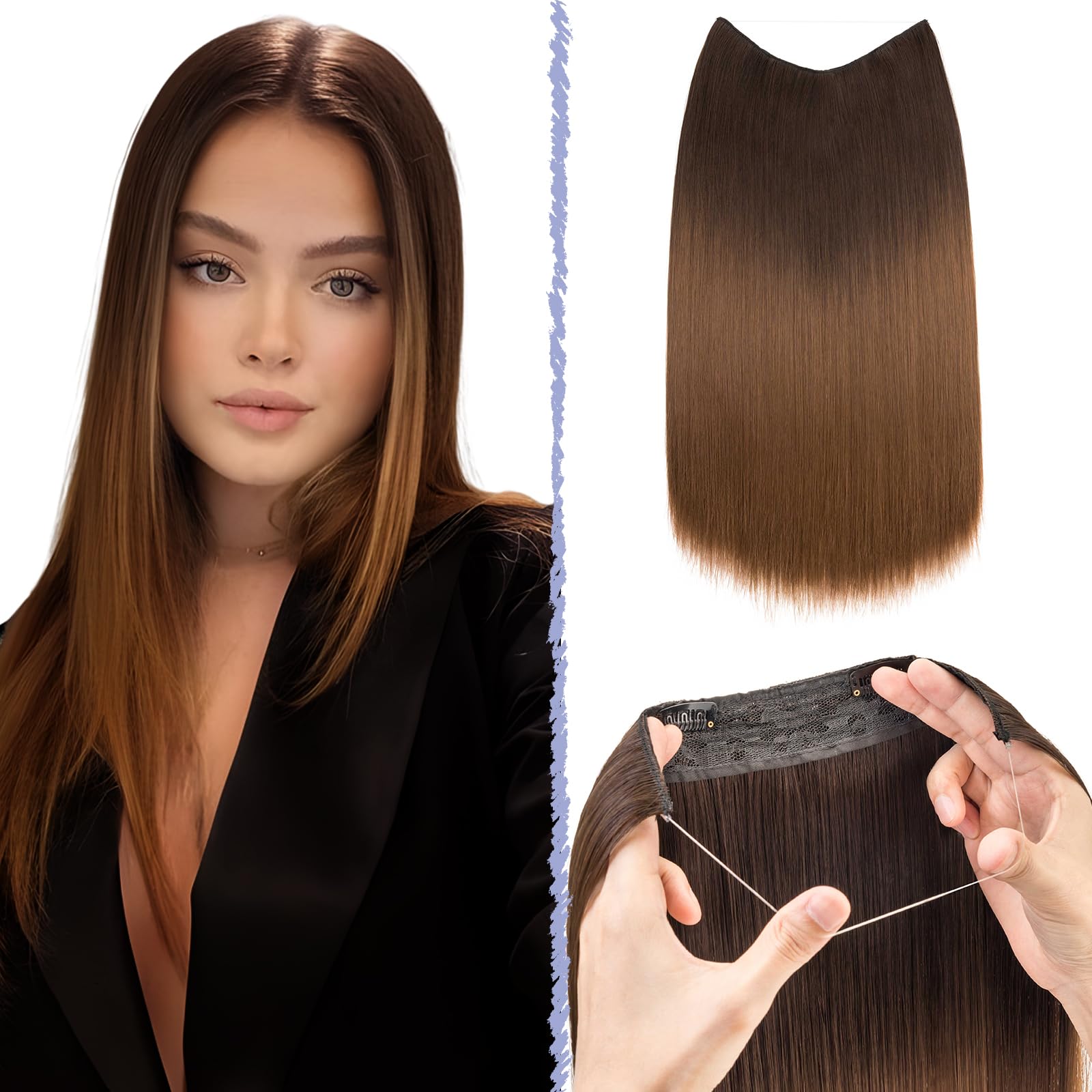 TESS Secret Wire Hair Extension Invisible One Piece Synthetic Hair Extensions Straight Full Thick Long Adjustable Hairpieces for Women (Medium Brown With Golden Blonde