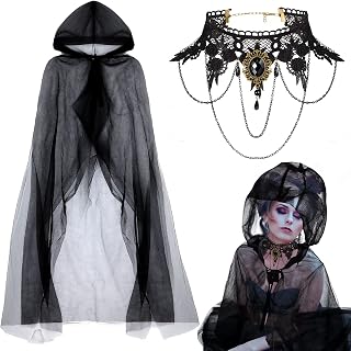 Halloween Witch Black Hooded Cape and Black Gothic Lace Choker Necklaces, Witch Costume Accessories Sheer Cape Vampire Cape for Women Teen Girls Cosplay
