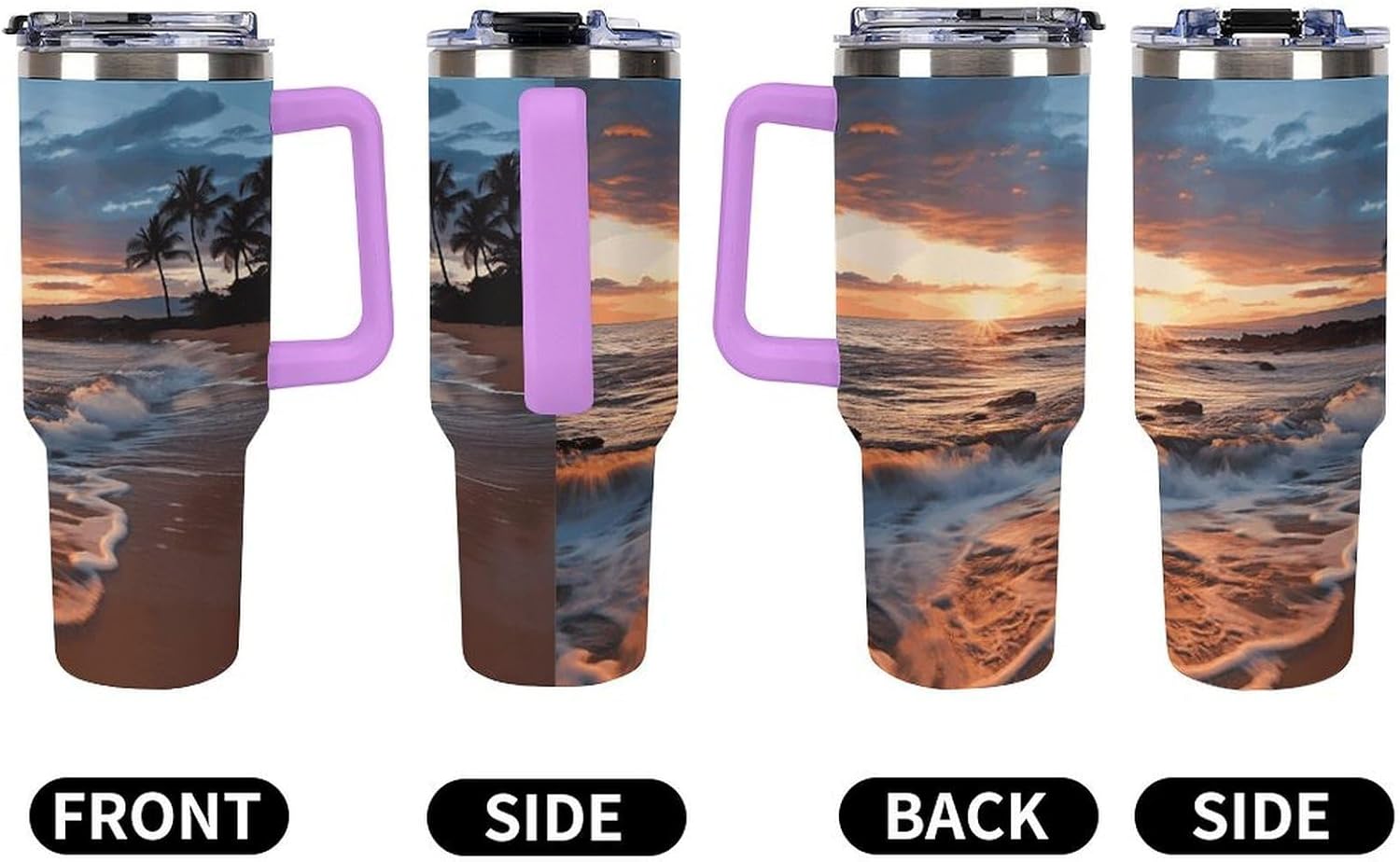Beach Maui Hawaii Sunset Sea Waves Clouds Tumbler Stainless Steel Large Car Cup with Handle&Straw Lid Portable Coffee Cup Leak-proof Water Bottle Insulated Vacuum Travel Mug for Home Outdoor 40oz