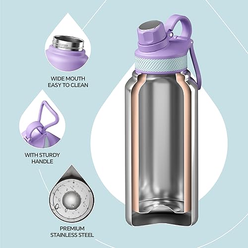 Miniatura 3 de IDEUS Botella de agua aislada de acero inoxidable con 2 tapas a prueba de fugas, termo para senderismo, ciclismo, 32 onzas, violeta