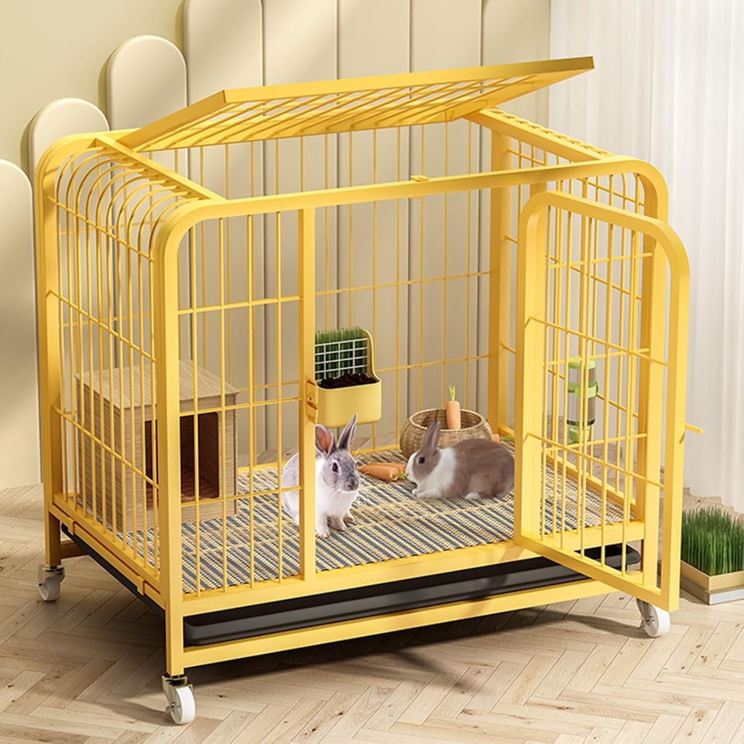 Cage d'intérieur pour lapins à roulettes pour nettoyer sans effort
