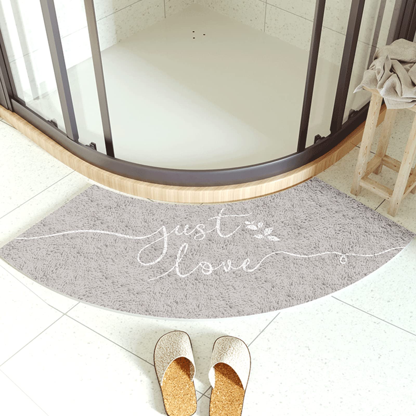 JHLP Soft Non Slip Washable Shaggy Curved Bath Mat - Ultimate Water Absorbency - Machine Washable Corner Mat - Perfect for Shower or Tub